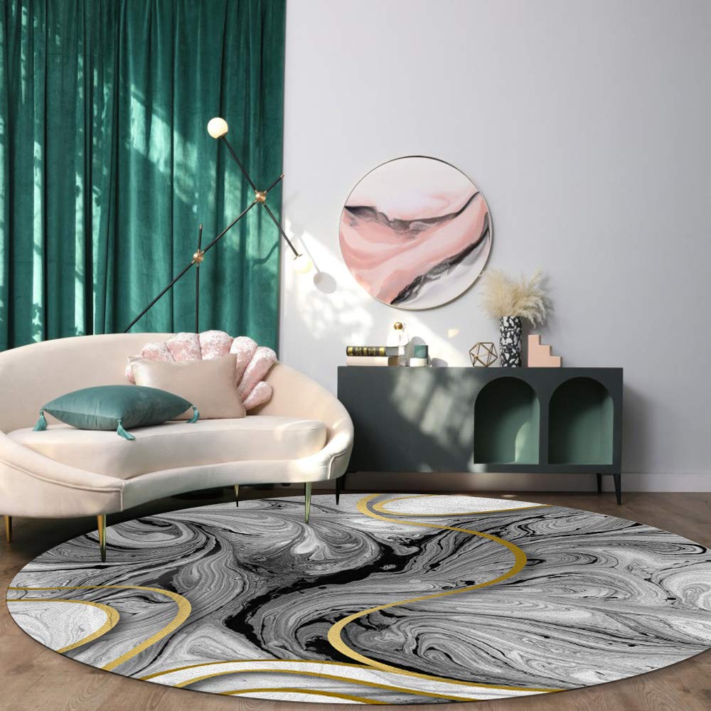 Olivefox Round Area Rugs - Abstract Gray Gold Marble Textured Super Soft Indoor Stain-Resistant Carpet Floor Mat, Non-Skid Runner Rug for Living Room, Bedroom, Dining Room (4 Feet) - Perfect for Home Decor, Office Spaces & High-Traffic Areas