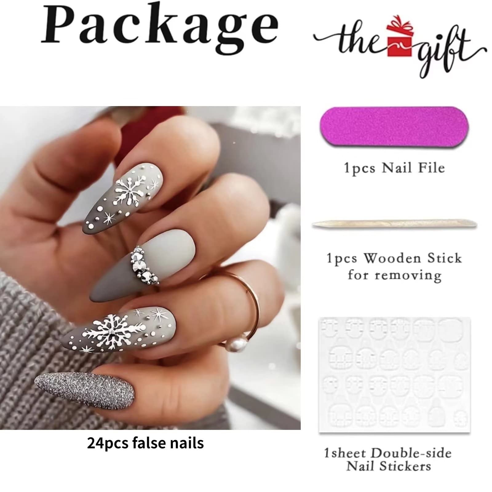 RUNRAYAY Christmas Gradient Grey French Ballerina Press On False Nails with Snowflake Rhinestones - Almond Natural Coffin Fake Nails for Holiday Parties, Gift Giving & Special Occasions