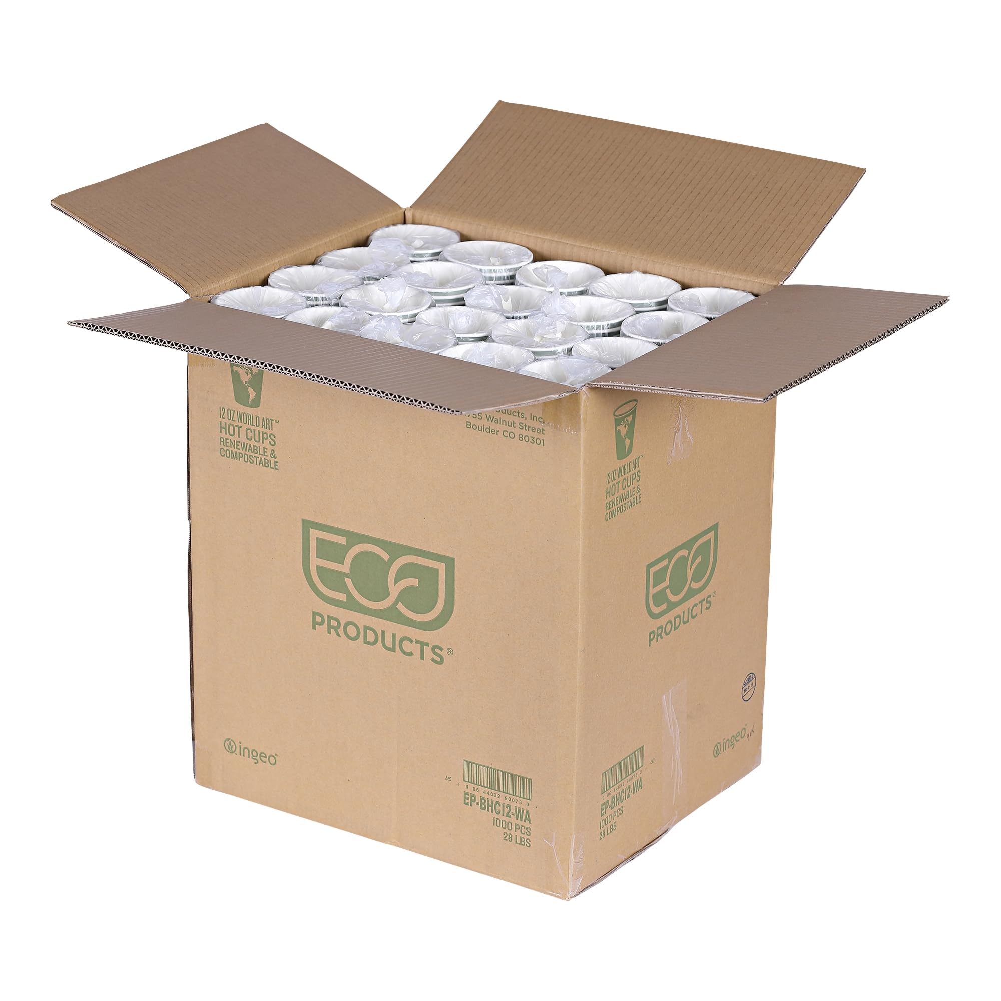 ECO PRODUCTS Compostable 12oz Disposable Coffee Cups - 1000 Count, Plant-Based PLA Lining, Hot/Cold Beverage Containers for Office, Cafes & Events - Biodegradable & Eco-Friendly World Art Design