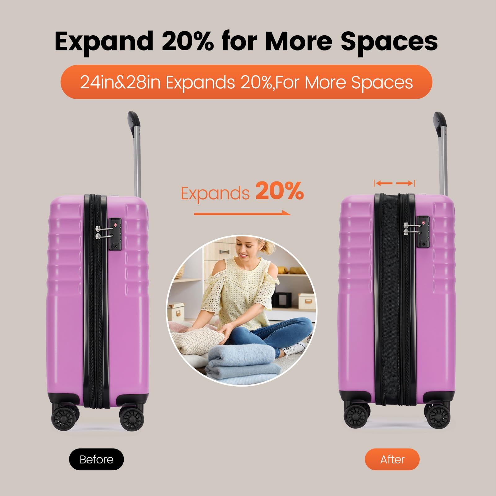 GinzaTravel 2-Piece Expandable Hardside Luggage Set with 4 Spinner Wheels, TSA Lock - Durable PC+ABS Suitcases (Purple, 20