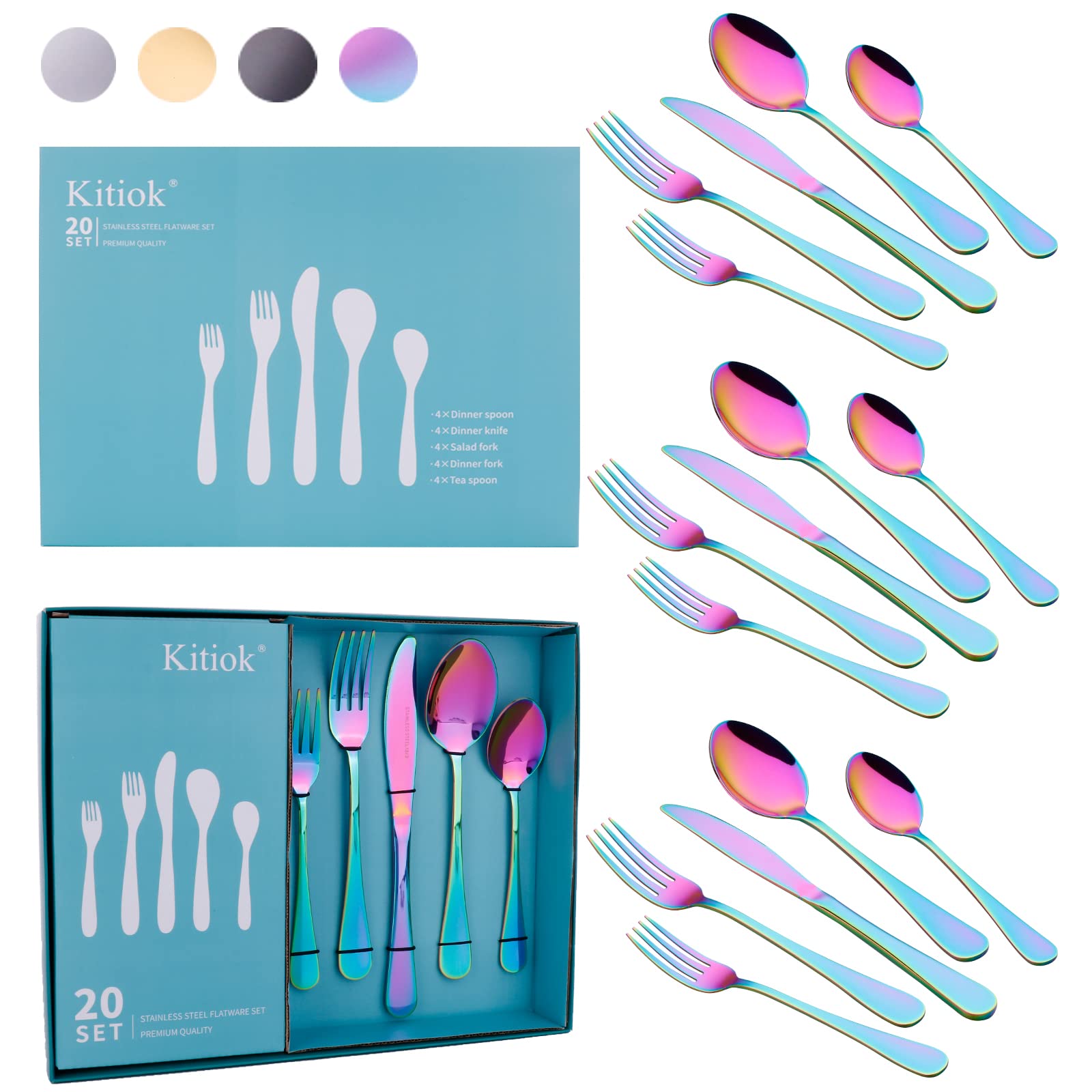 Kitiok 20-Piece Stainless Steel Flatware Set for 4 - Rainbow Silverware Cutlery Set with Knives, Forks & Spoons - Mirror Polished, Dishwasher Safe - Perfect for Dinner Parties, Restaurants & Everyday Dining