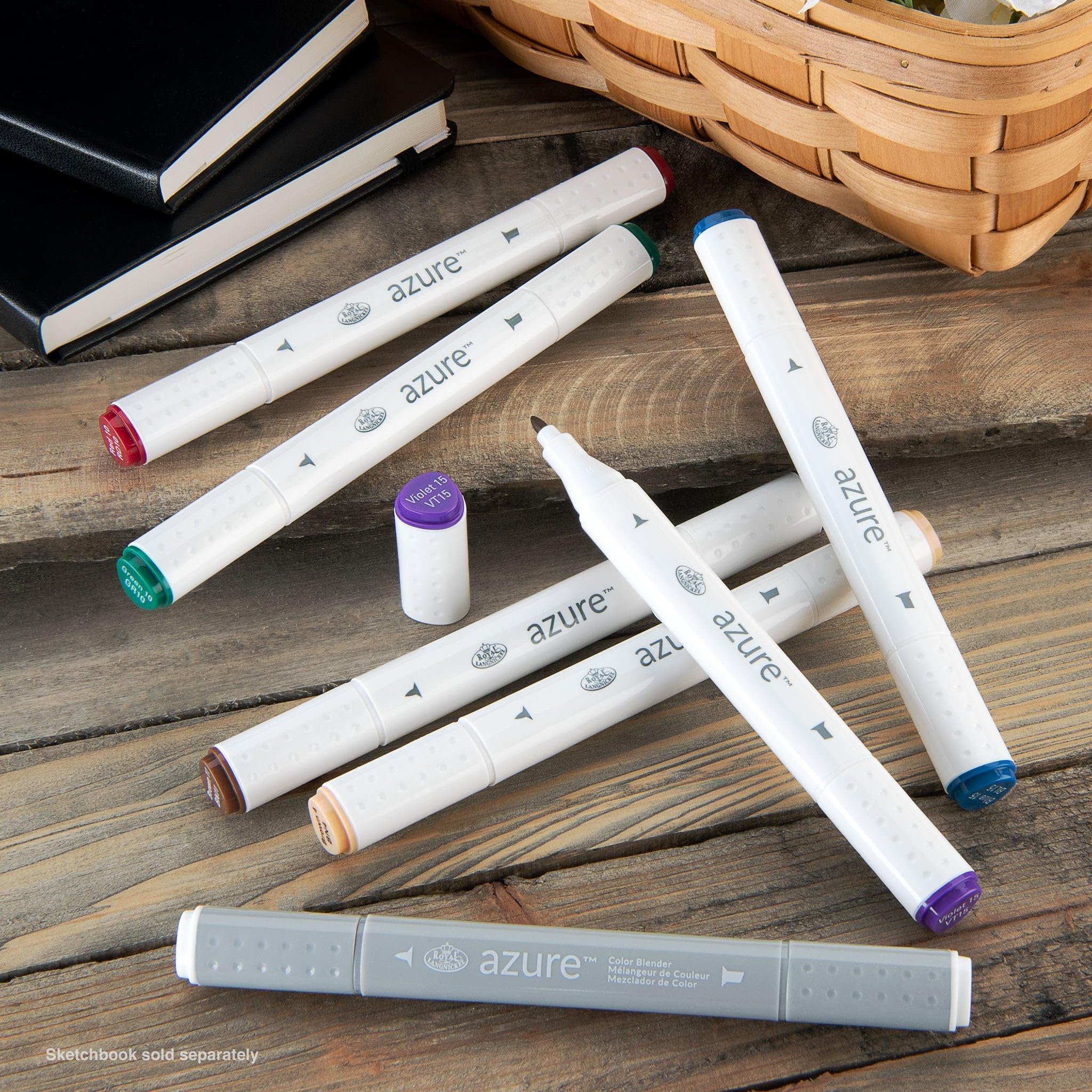Royal & Langnickel Azure 7-Piece Dual-Tip Alcohol-Based Marker Set - 6 Vibrant Markers + 1 Blender for Artists, Illustrators & Crafters - Perfect for Sketching, Manga, Calligraphy & DIY Projects