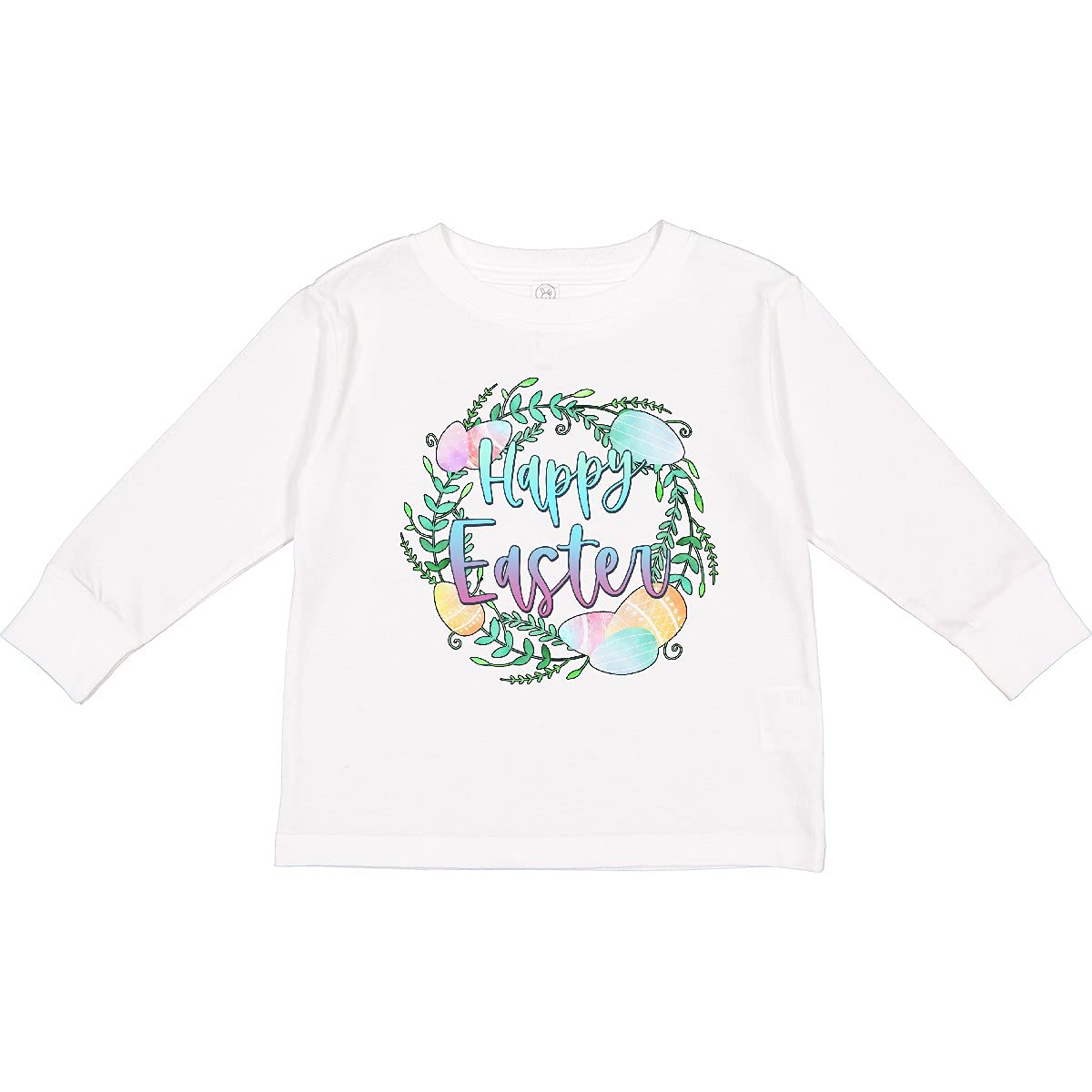Inktastic Happy Easter Pastel Egg Wreath Toddler Long Sleeve T-Shirt - Cute Easter Outfit for Boys & Girls, Spring Holiday Church Party Wear