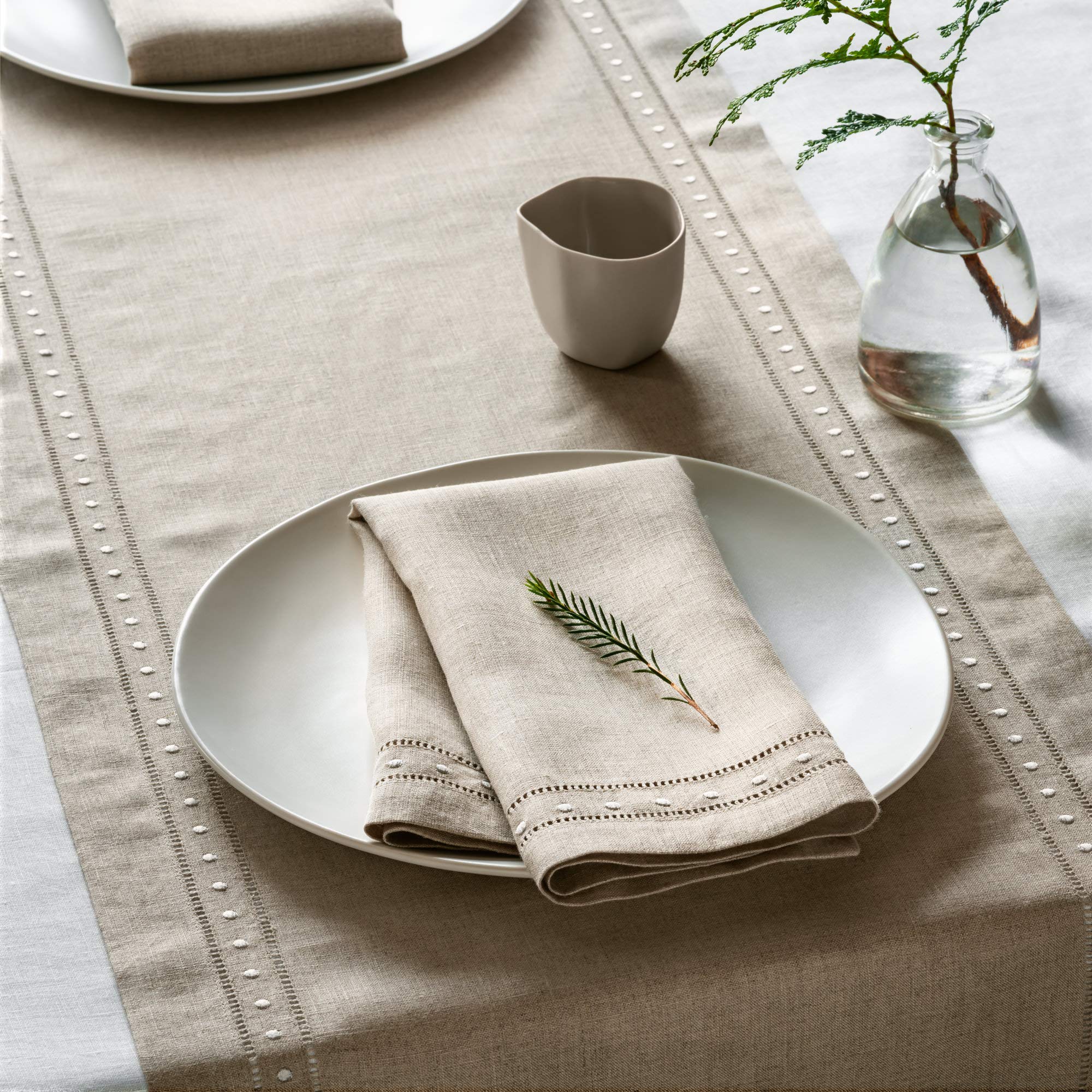 Premium 100% Flax Linen Napkins Set of 4 - 18x18 Inch Natural Dinner Napkins with Embroidered Dot Design & Hemstitch Edge | Washable & Durable for Easter, Spring Decor, Wedding, Dinner Party & Home Decor