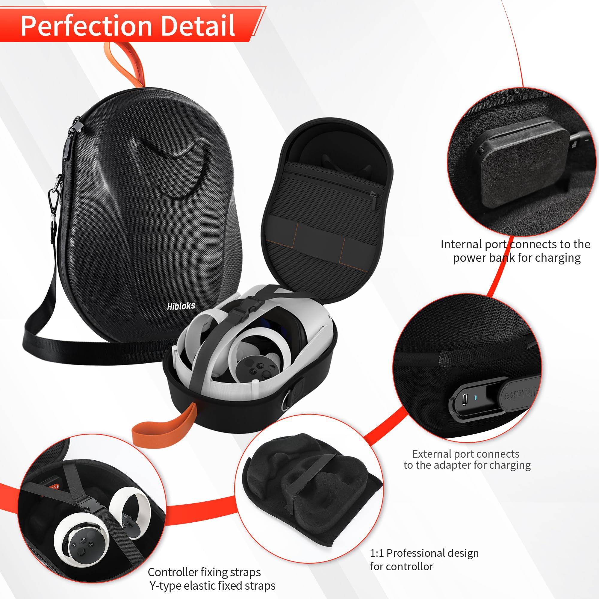 HiBloks Magnetic Charging Carrying Case for Meta Quest 2 & Quest 3S - Large Capacity Hard Travel Storage for Oculus Quest 3S Headset, Controllers & Accessories | Portable Protective Backpack for VR Gaming, Travel & Home Organization