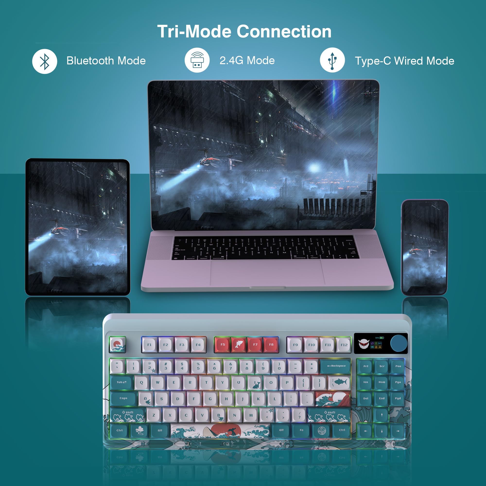 Womier M87 Pro 75% Compact Wireless Mechanical Gaming Keyboard - Bluetooth 5.1/2.4GHz/USB-C, Hot-Swappable Custom Switches, OLED Display & Control Knob, RGB Backlit (Coral Sea) - Perfect for Esports, Office Work & Typing Enthusiasts