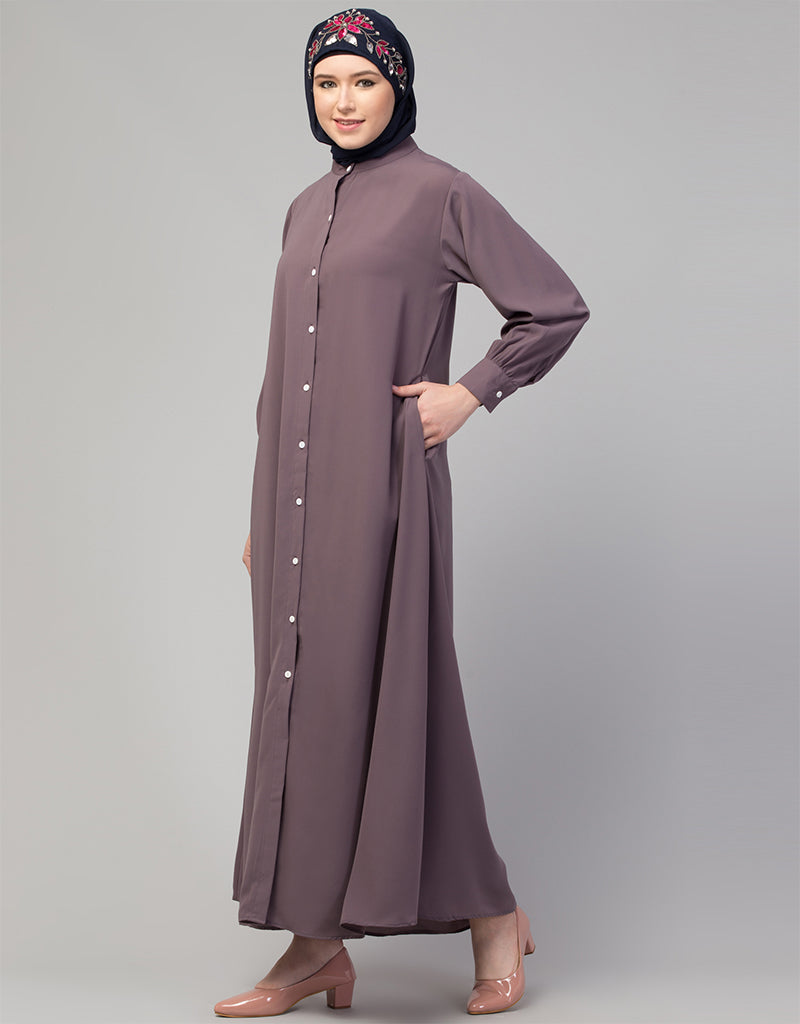 Elegant Arabic Abaya Dress with Front Open Design & Cuffs - Stylish Plum Color for Women | Perfect for Prayer, Mosque & Modest Fashion Occasions
