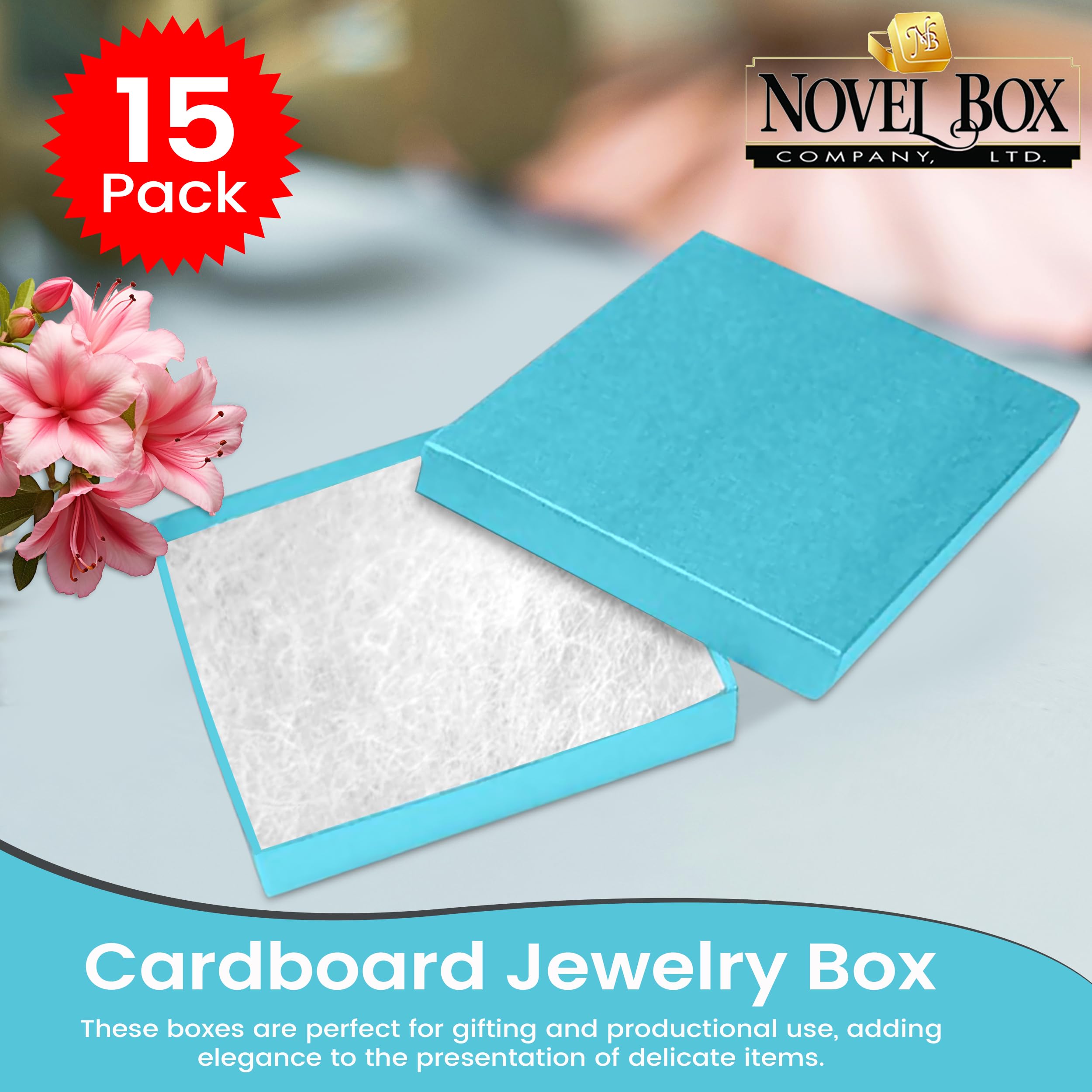 15 Pack Light Blue Jewelry Gift Boxes 3.5x3.5x0.87 Inches - Premium Cotton Filled Cardboard Jewelry Storage Box with Lid - Made in USA - Perfect for Bracelets, Necklaces, Rings & Earrings - Great for Gifting, Wedding Favors & Retail Display