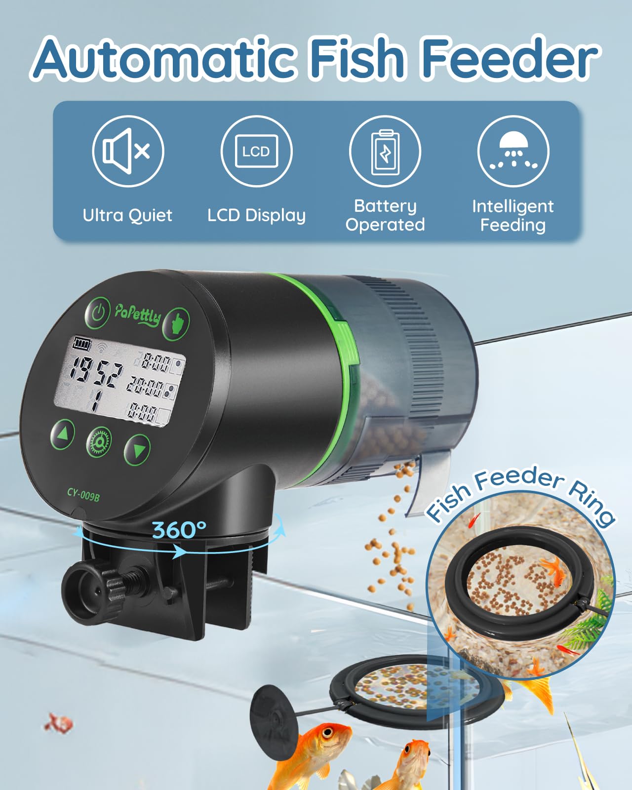 Automatic Fish Feeder for Aquarium - Smart Timer Fish Food Dispenser with Feeding Ring, Moisture-Proof Design, Battery Powered (Includes 2 AAA Batteries) - Perfect for Vacation Care & Daily Fish Feeding