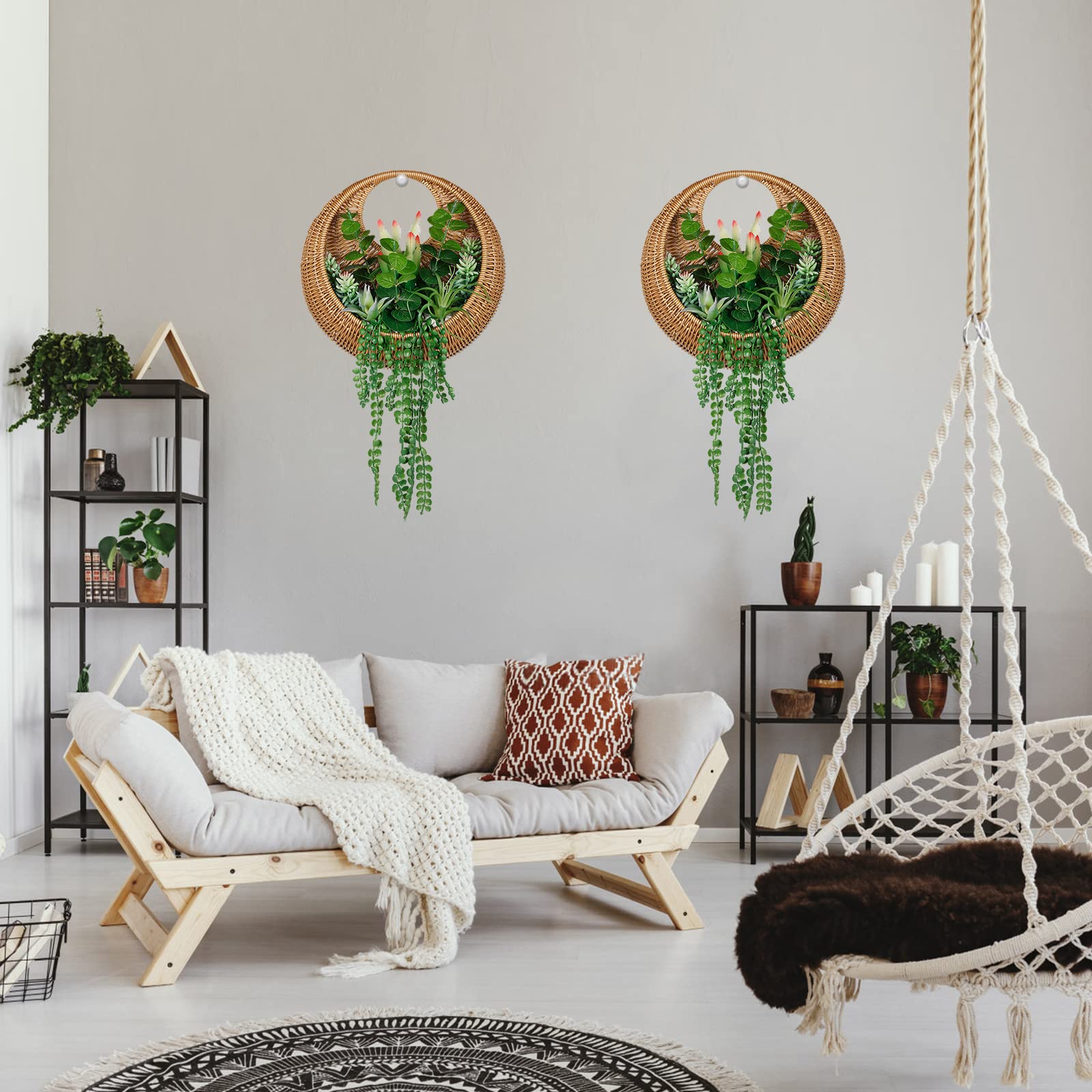 Artificial Succulent Hanging Plant in Woven Basket - Boho Wall Decor & Door Wreath - Fake Hanging Plants for Living Room, Bedroom, Bathroom, Home & Office - Perfect for Bohemian Home Decor, Wedding Backdrops, and Cozy Indoor Spaces