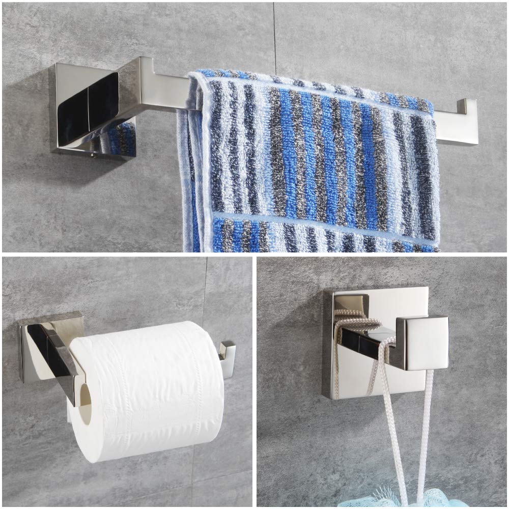 Premium 3-Piece Bathroom Accessory Set - SUS 304 Stainless Steel Toilet Paper Holder, Hand Towel Bar & Robe Hook Wall Mount - Polished Finish (Q7010P) - Perfect for Modern Bathrooms, Powder Rooms & Guest Suites