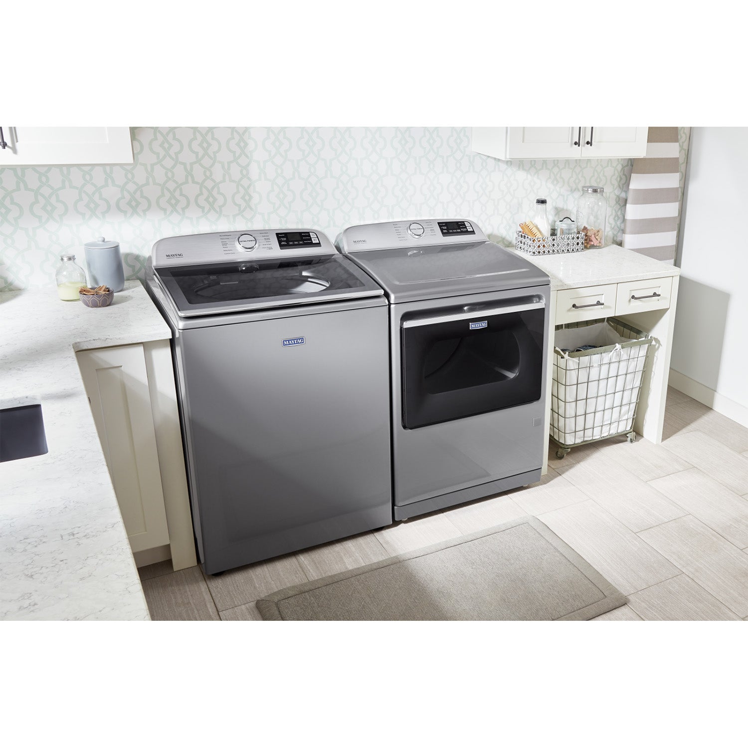Maytag Metallic Slate Smart Top Load Washer 6.0 cu. ft. & Smart Gas Dryer 7.4 cu. ft. Set (MVW7230HC/MGD6230HC) - Large Capacity Laundry Appliances for Family Homes