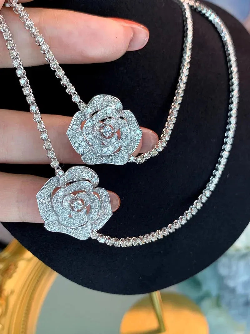 18K White Gold Diamond Pendant Necklace for Women - 3.5 Carat Natural Diamond Rose Design Wedding Jewelry, Elegant Bridal Gift & Anniversary Present