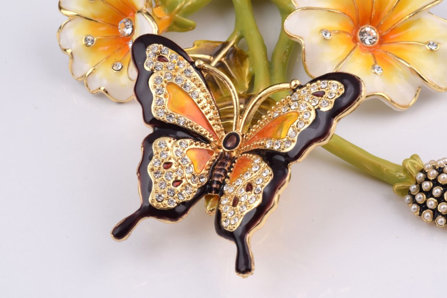 Exquisite Faberge-Style Butterfly on Branch with Flowers Trinket Box - Elegant Home Decor Jewelry Storage for Vanity, Gift, or Display