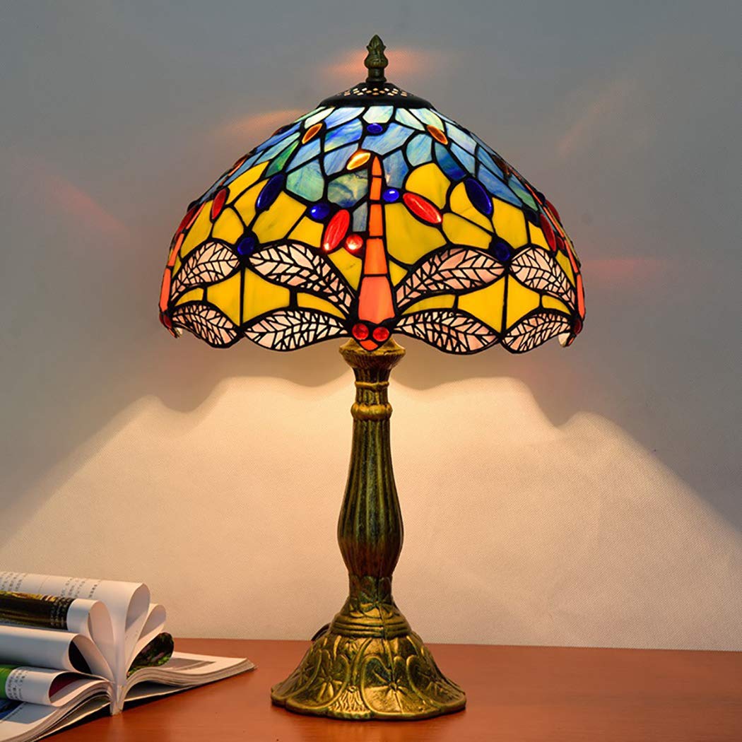 EEFF Tiffany Style 12-Inch Stained Glass Dragonfly Table Lamp - E27 Base Vintage Bedside Light for Bedroom, Study & Nightstand - Perfect for Reading, Decor & Ambient Lighting