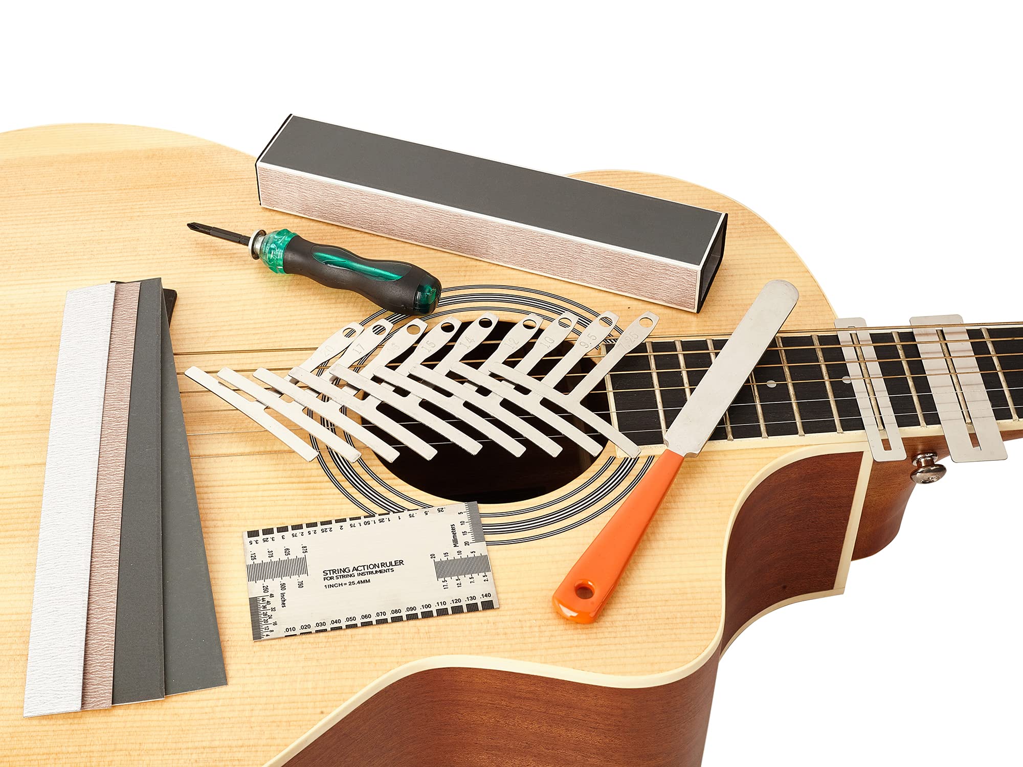 MIECOO 19PCS Professional Guitar Repair Tool Kit - Includes 8 Inch Fret Leveling Beam, 9 Understring Radius Gauge, Fret Crowning File, String Action Ruler, Fretboard Guard, Screwdriver & Sandpapers | Perfect for Guitar Maintenance, Setup & DIY Repairs at Home or Studio