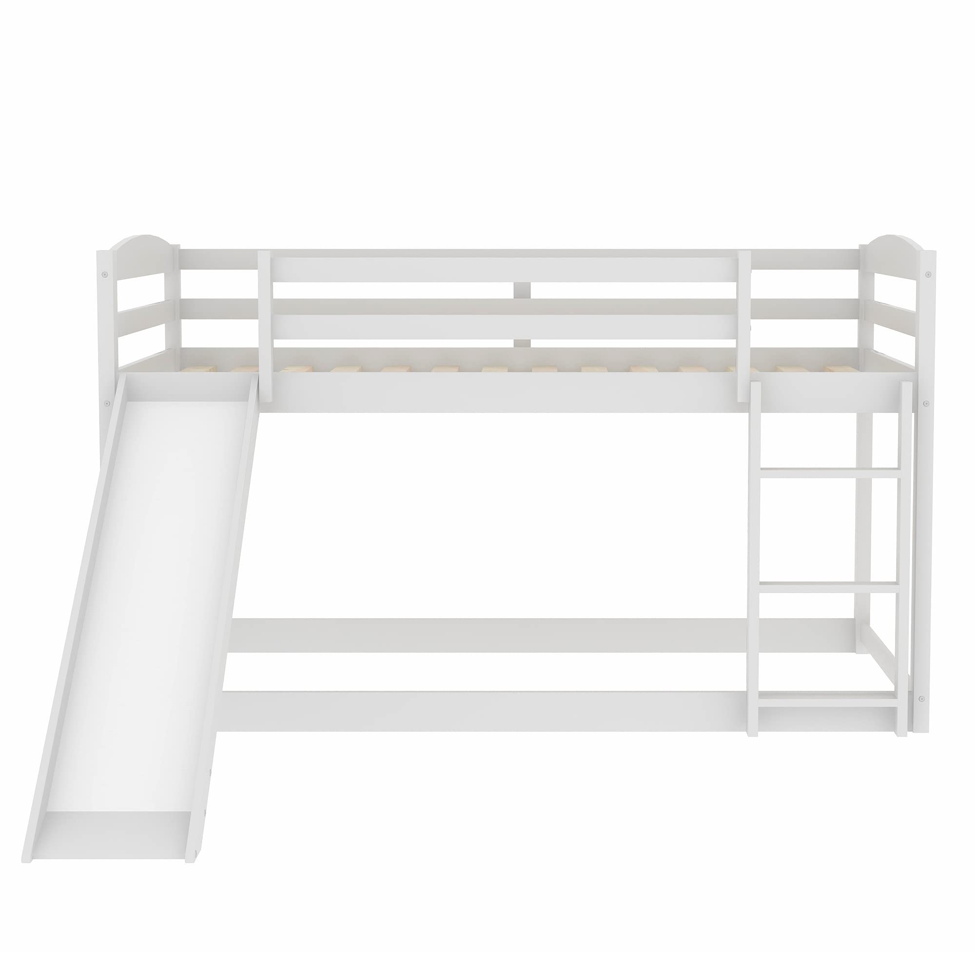 Low Twin Over Twin Bunk Bed with Slide & Ladder - Sturdy Wooden Bunk Bed for Toddlers, Kids, Boys & Girls (White) - Perfect for Small Bedrooms, Kids' Rooms & Shared Spaces