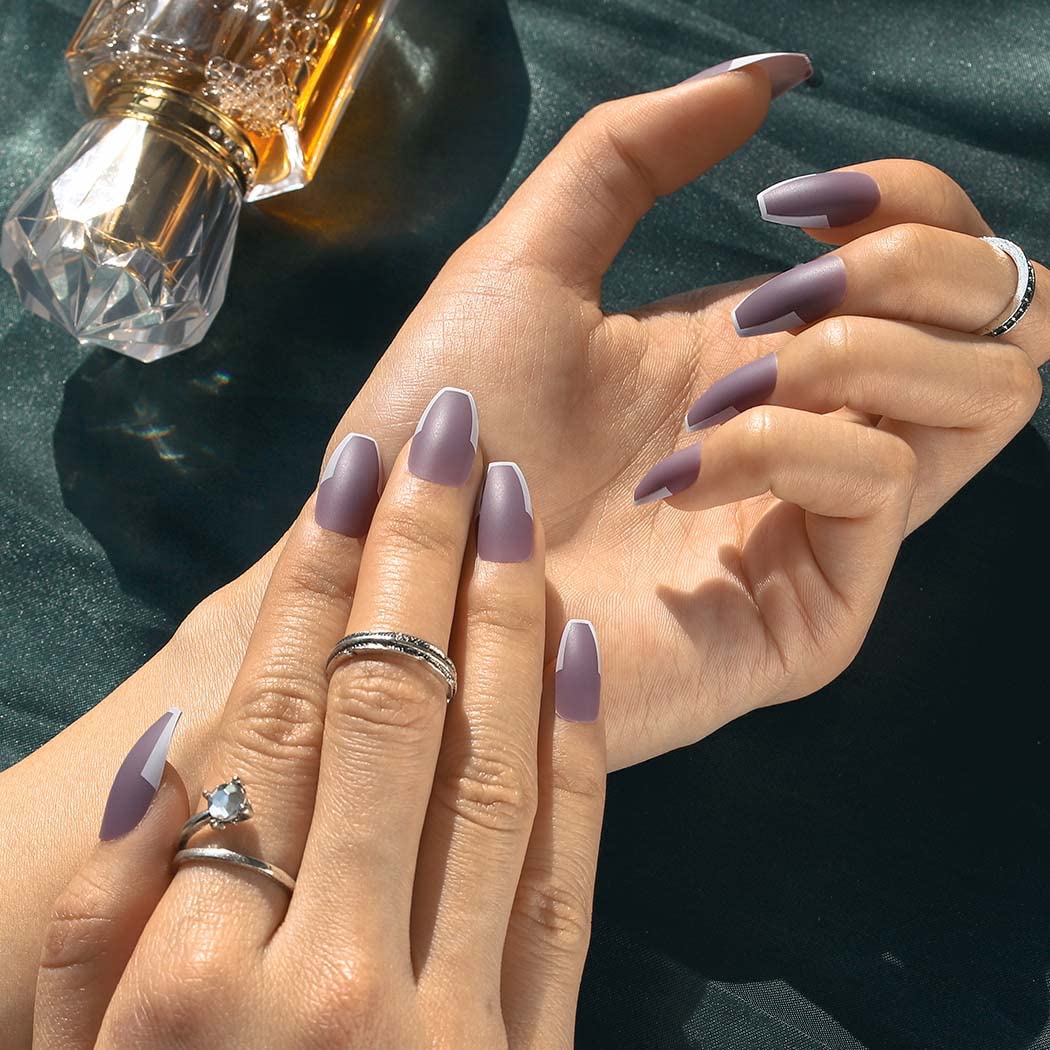 24Pcs Matte Ballerina Long False Nails - Coffin Purple French Tip Acrylic Nail Tips for Women | Full Cover Salon Quality Fake Nails | Perfect for Parties, Weddings & Special Occasions
