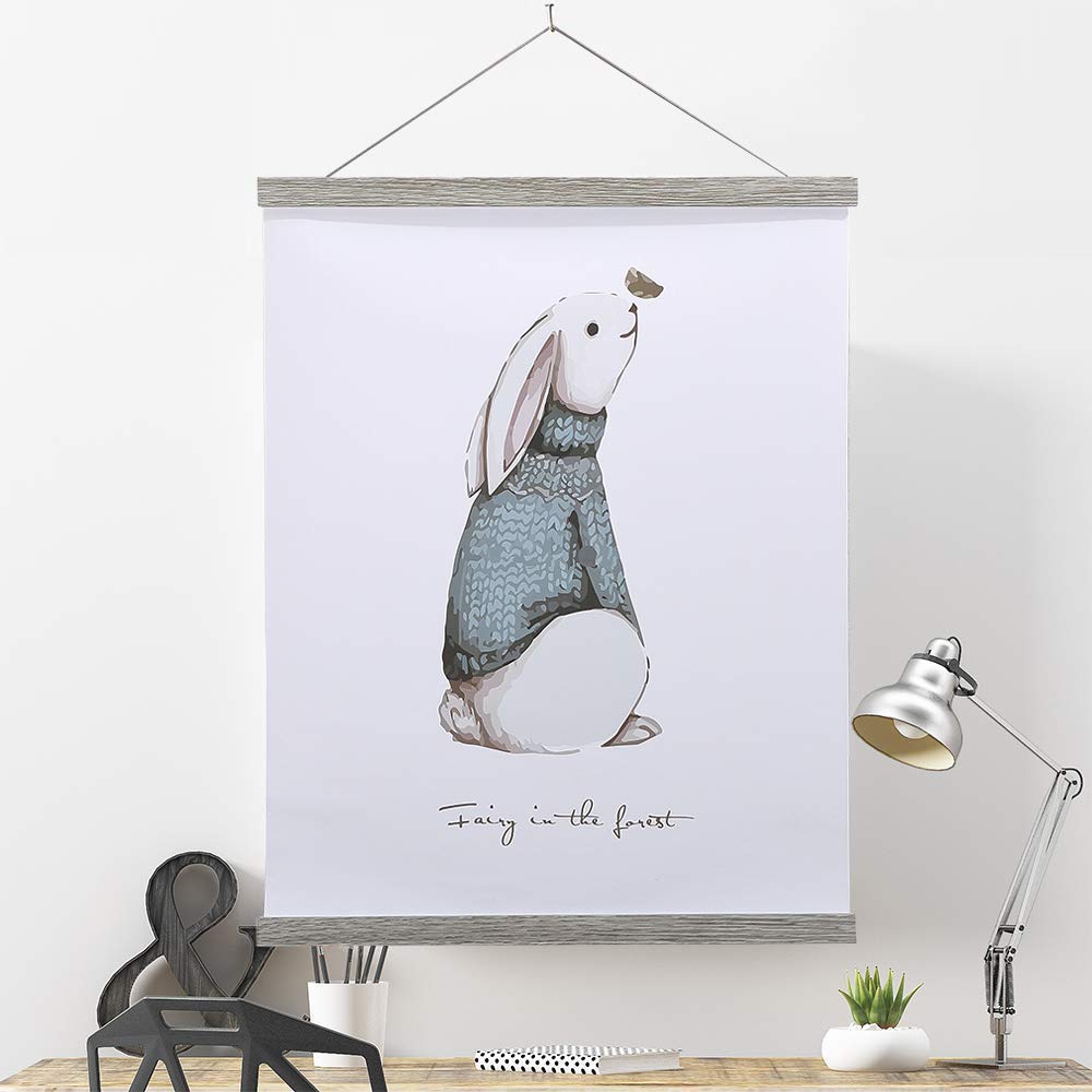 Ywlake Magnetic Poster Hanger Kit - 24x36 24x18 24x32 Wooden Frame with Dowel Scroll for Wall Art, Maps, Canvas & Prints (Grey, 24 Inch) - Perfect for Home Decor, Office Display & Classroom Posters