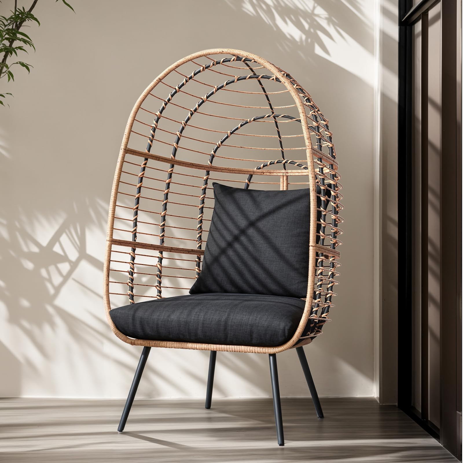 JOIVI Oversized Wicker Egg Chair - Indoor/Outdoor Rattan Hanging Lounger with Stand & Cushions - Patio, Porch, Backyard, Living Room, Balcony Furniture - Perfect for Relaxing, Reading & Sunbathing (Beige Rattan, Black Cushion)
