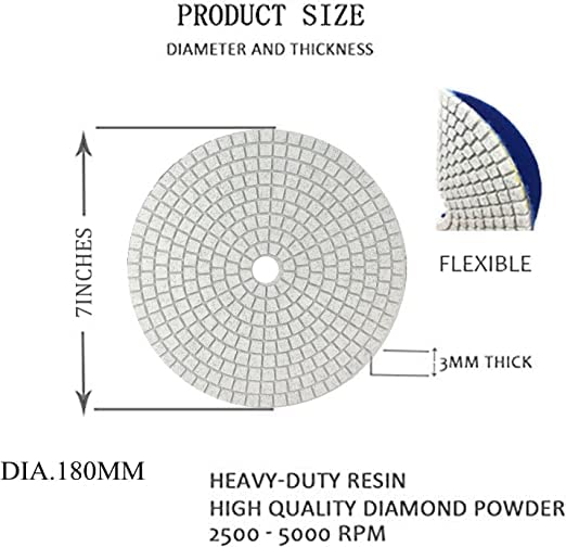 7 Inch Diamond Polishing Pad (1 Piece) - Wet/Dry Use for Tile, Concrete, Marble, Quartz, Granite Countertop Polishing - Grit 1500 - Compatible with Grinders - Perfect for DIY Home Renovation & Professional Stone Restoration Projects