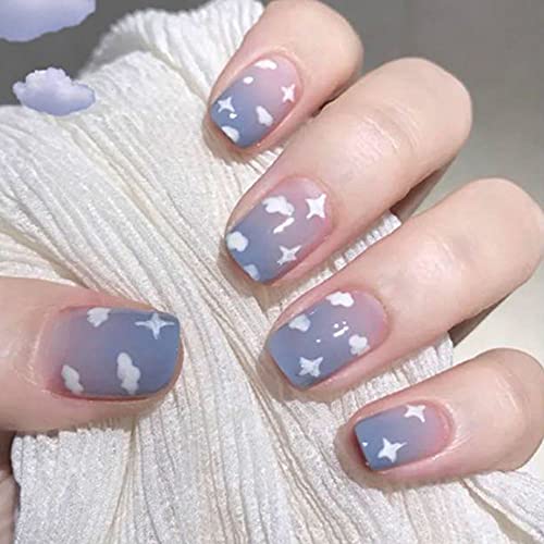 YoYoee Press on Nails - 24pcs Cute Square Acrylic Fake Nails in Sky White Cloud Design for Women & Girls | Easy to Apply, Perfect for Parties, Weddings & Daily Wear