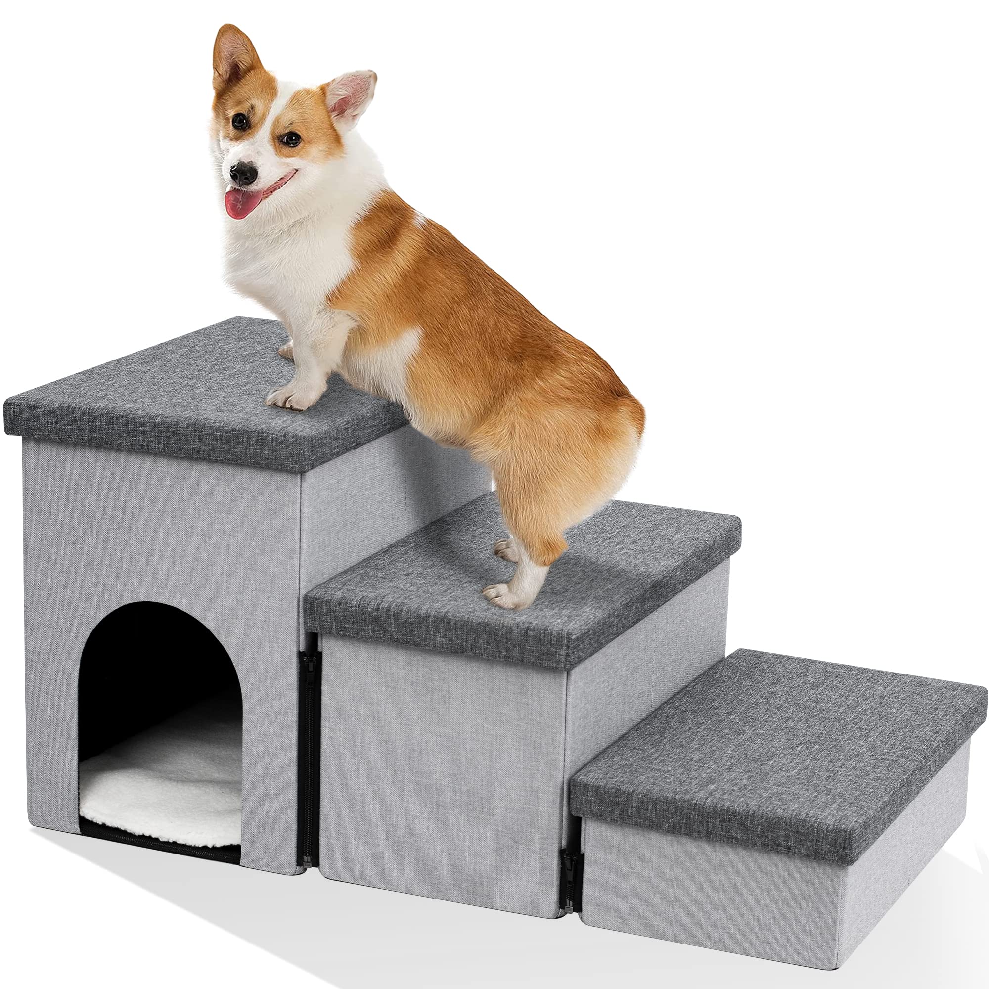 Foldable 3-Step Dog Stairs for Small Medium Large Dogs & Cats - Non-Slip Pet Steps for Couch & High Bed with Storage & Pet House - Supports Up to 200 Lbs - Perfect for Elderly Pets, Puppies & Home Use