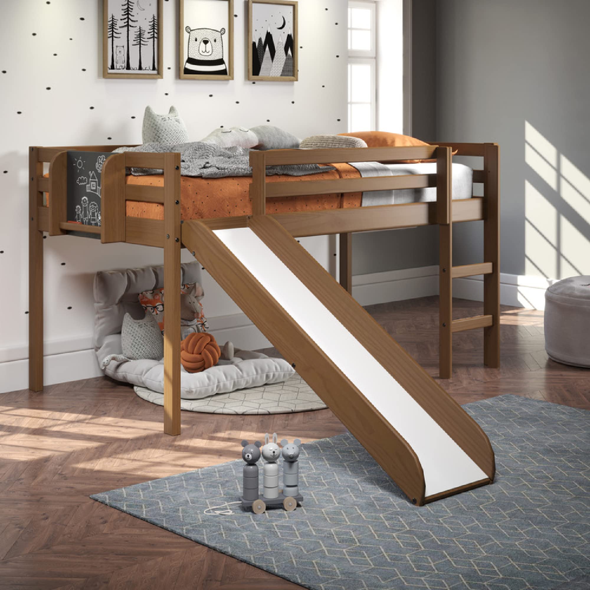 Naomi Home Cindy Twin Loft Bed with Slide - Solid Wood Toddler & Kids Bed with Ladder, Chalkboard - Space Saving Bed Frame for Boys & Girls (Latte Finish) | Perfect for Small Rooms, Playrooms & Shared Kids' Bedrooms