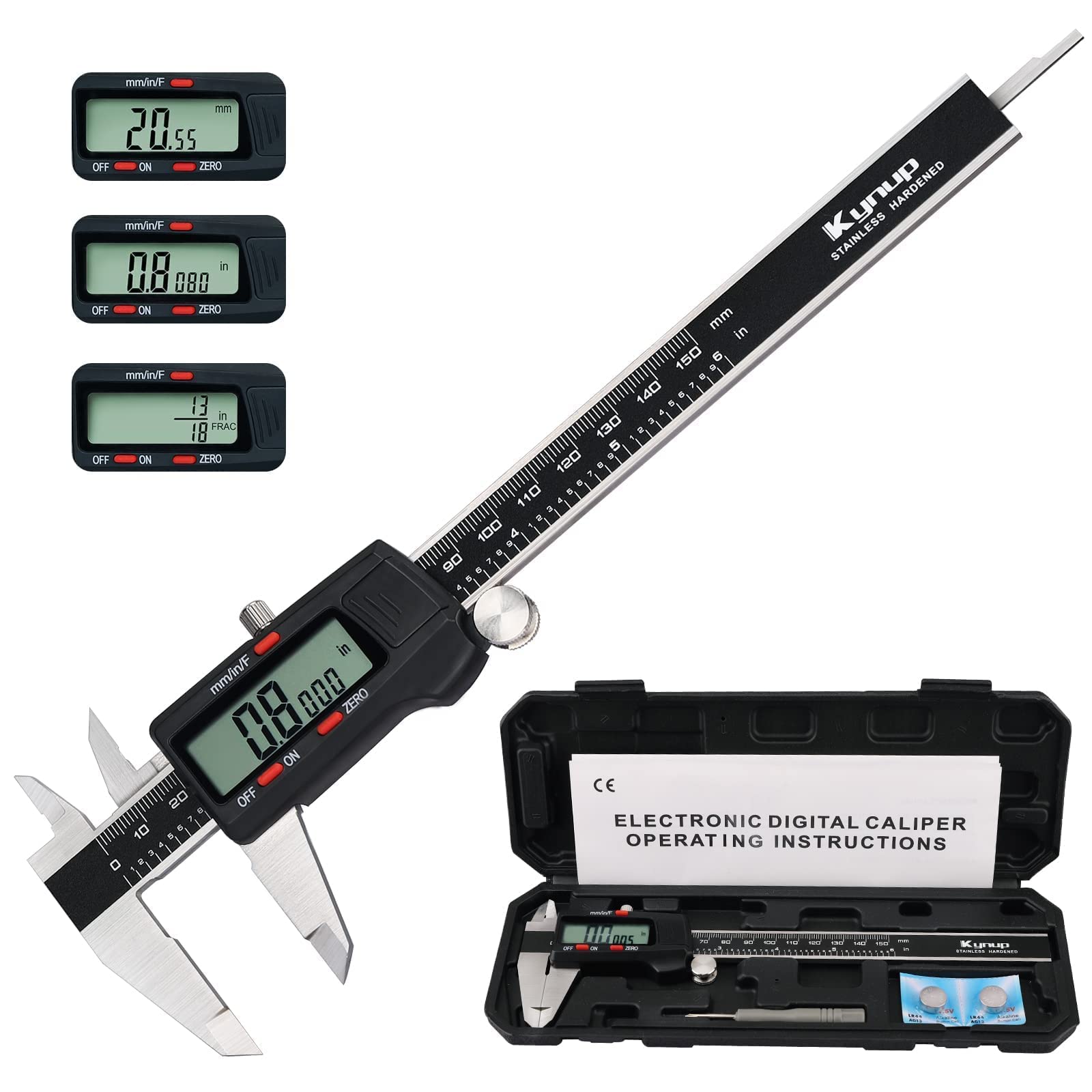 Kynup Digital Caliper - IP54 Waterproof Stainless Steel Electronic Caliper Measuring Tool with Large LCD Screen | Inch/Metric/Fraction Conversion | Perfect for DIY, Woodworking, Metalworking & Engineering Projects