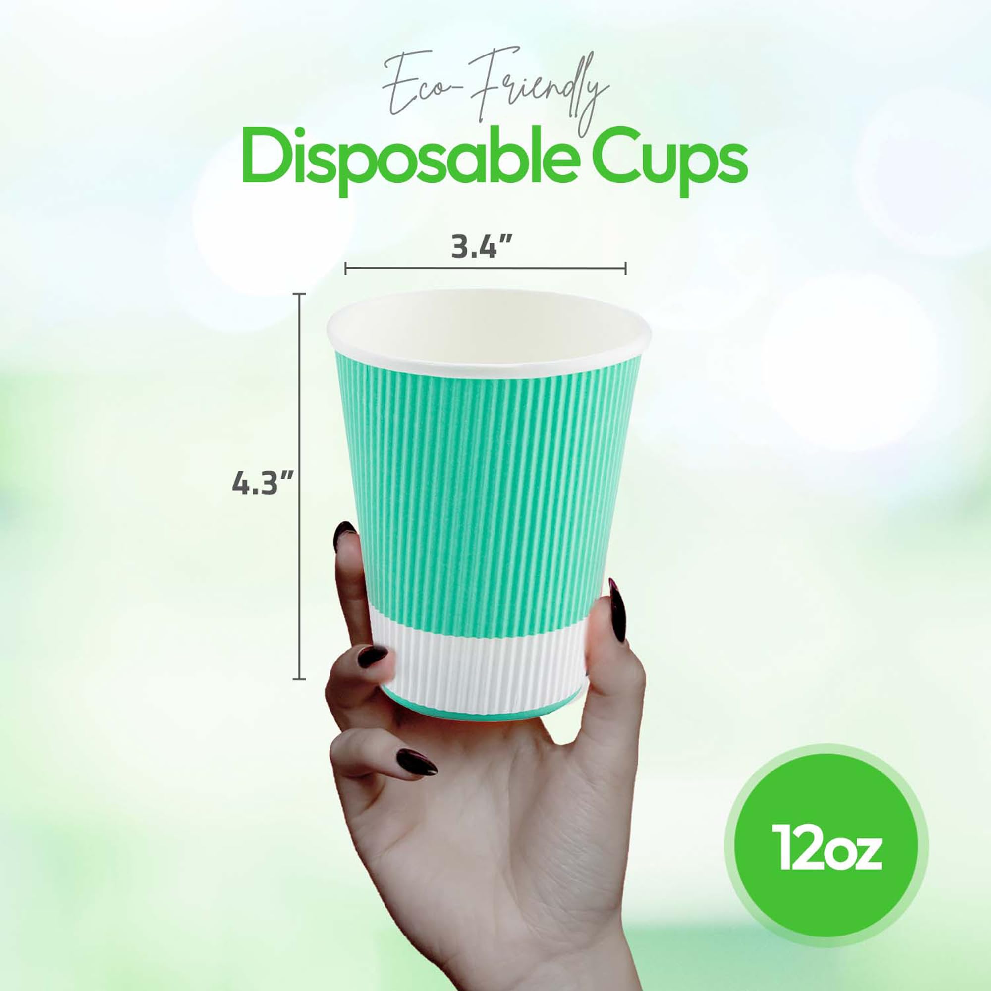 12oz Disposable Coffee Cups - 500 Pack Insulated Paper Hot Cups with Rolled Rim, Light Green Ripple Wall Design - Perfect for Coffee, Tea, Hot Chocolate - Ideal for Restaurants, Cafes, Offices & Events (Lids Sold Separately)