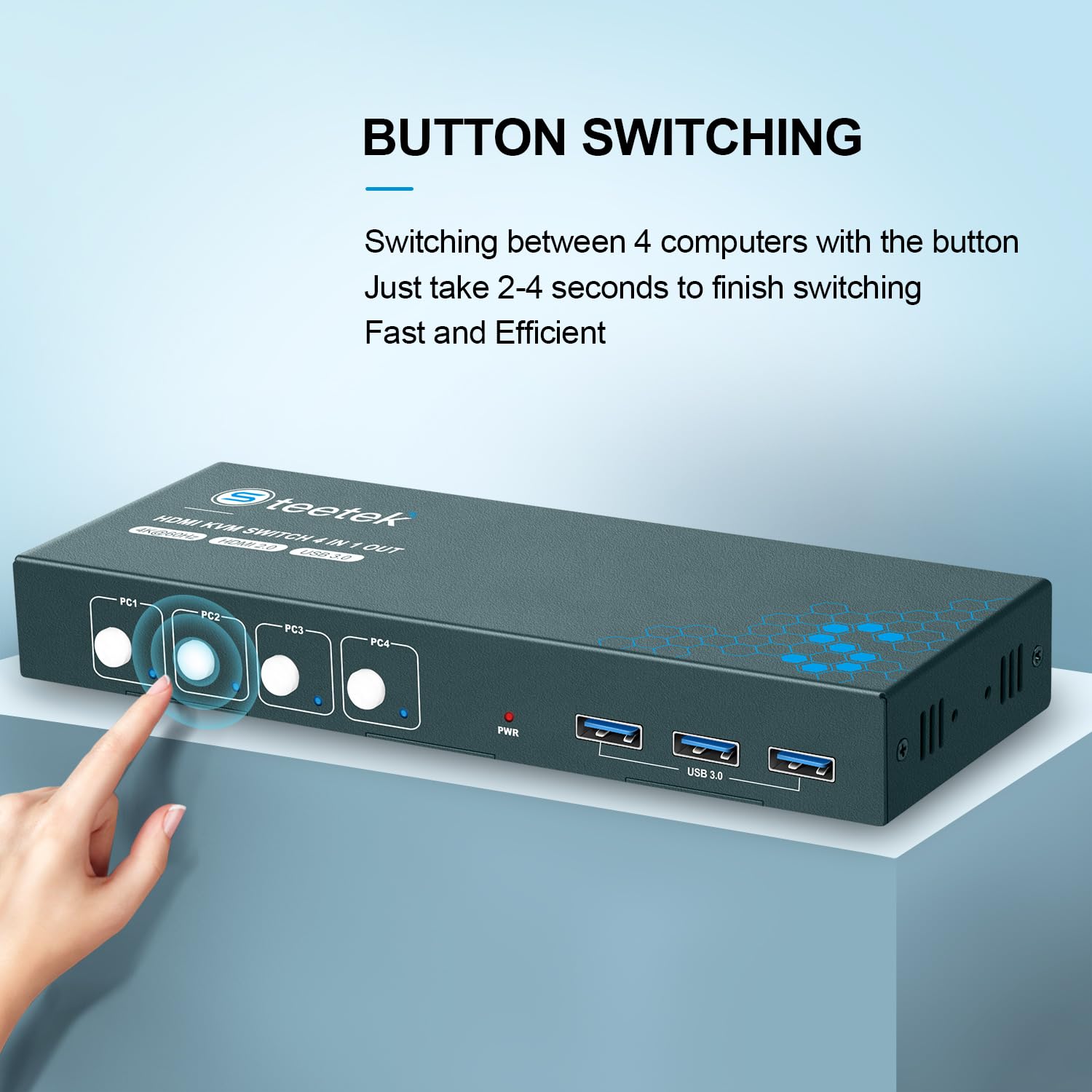 Steetek 4 Port HDMI KVM Switch - 4K UHD @60Hz, USB 3.0 Hub, Share 1 Monitor & 4 USB Devices Among 4 Computers - Button Switch, HDMI 2.0 HDCP 2.2 with Cables - Perfect for Home Office, Gaming & Multi-Device Workspaces