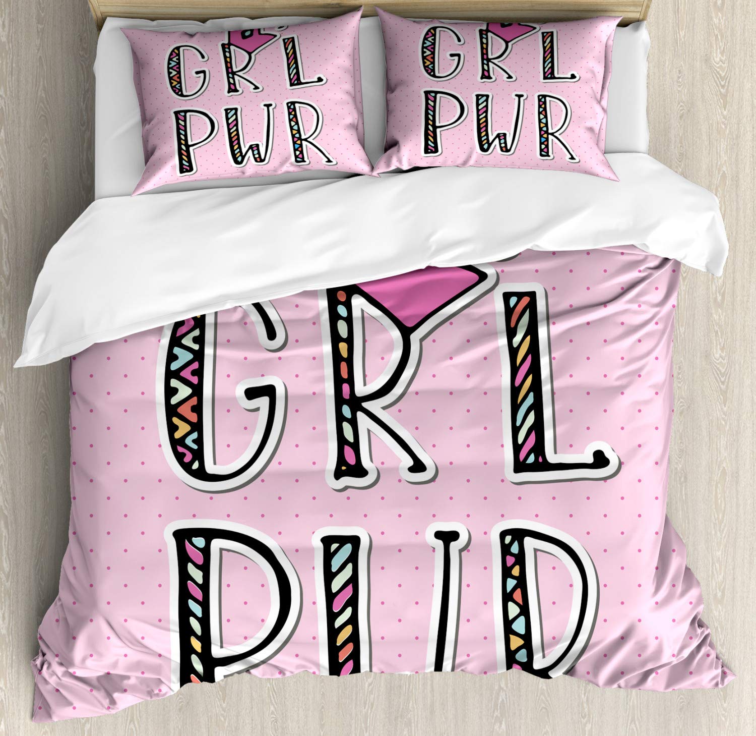 Ambesonne Girl Power Duvet Cover Set - Queen Size 3-Piece Bedding with 2 Pillow Shams, Ornamental Font Stripes & Polka Dots Design, Multicolor Gender Neutral Decor | Perfect for Teen Girls' Rooms, Dorm Decor & Feminist Themed Bedrooms