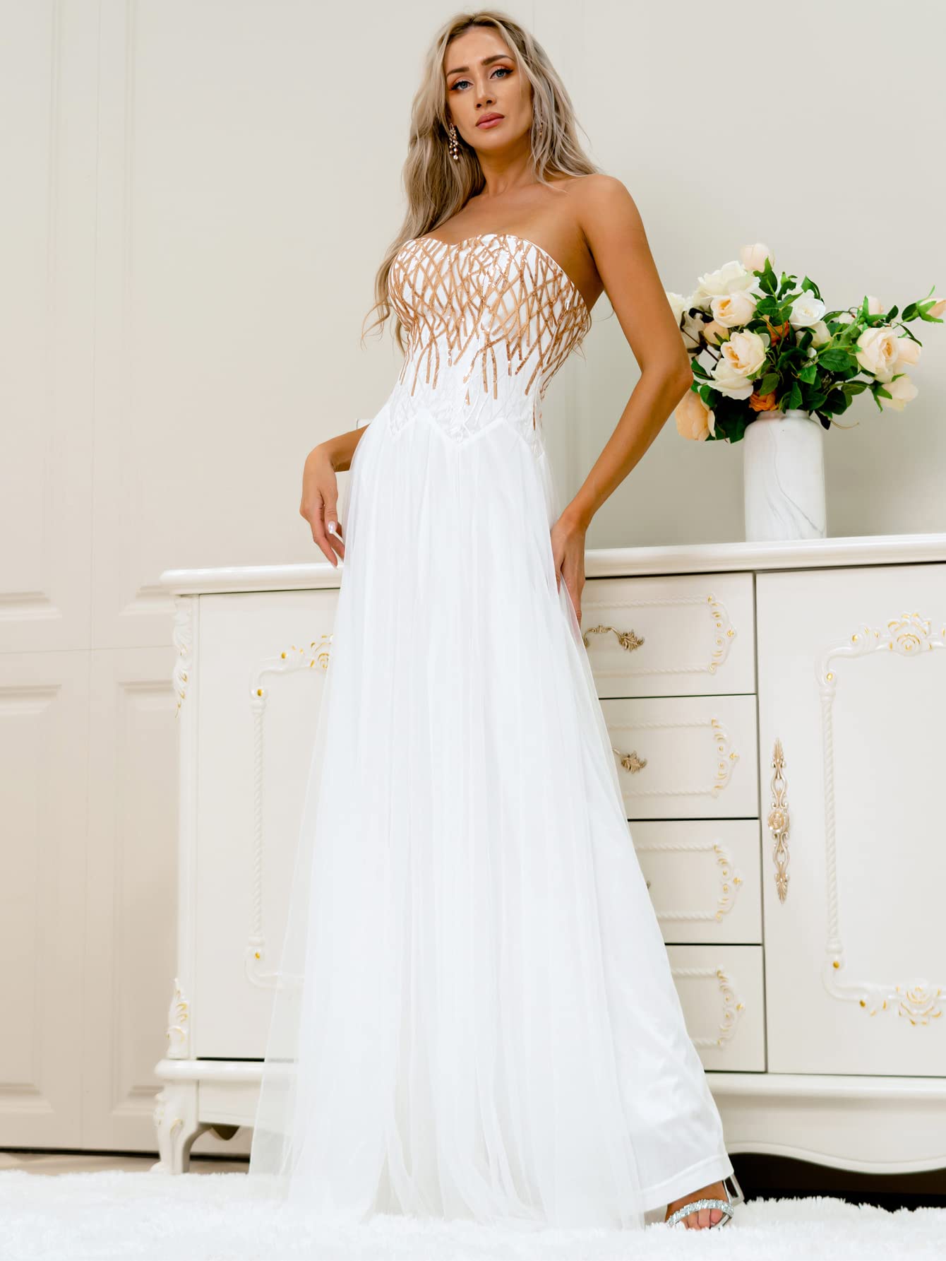 Sparkling Sequin Off Shoulder Mesh Long Wedding Dress for Bride - Perfect for Beach, Church and Formal Bridal Ceremonies