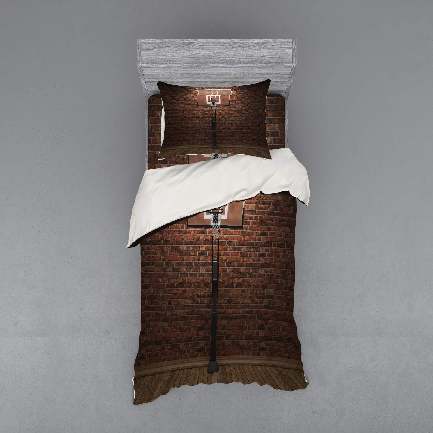 Ambesonne Basketball Duvet Cover Set - Old Brick Wall & Hoop Rim Design, 3-Piece Twin XL Bedding Set with Pillow Sham & Fitted Sheet, Brown | Perfect for Sports Fans, Teen Bedrooms & Basketball Themed Decor