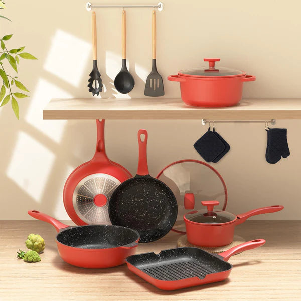 Premium Red Nonstick Cookware Set & Full Tang Knife Set Bundle - 12-Piece Kitchen Essentials for Professional Cooking, Baking & Meal Prep