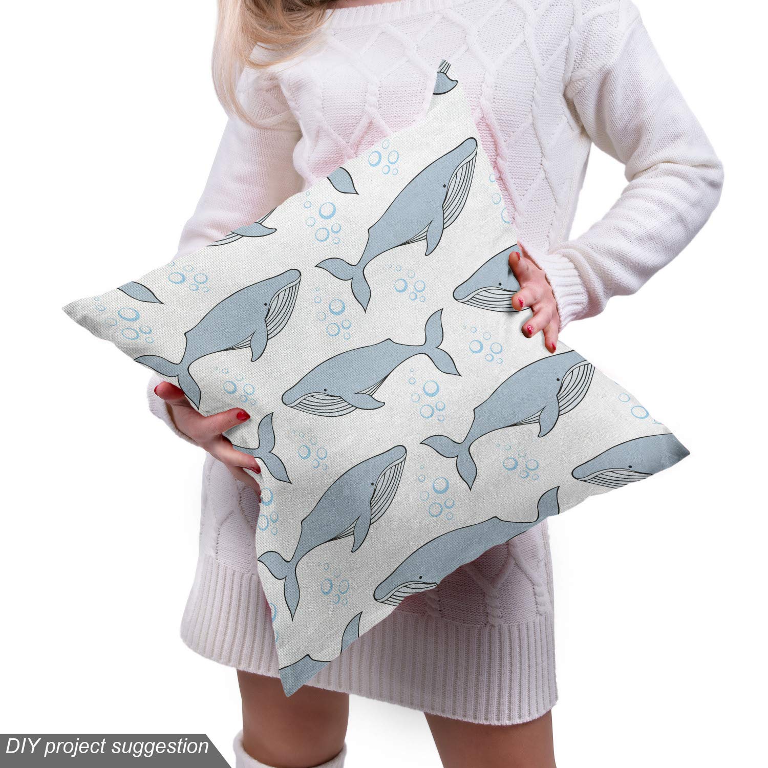 Ambesonne Whale Fabric by The Yard - Cartoon Whales on Bubbles Blue Background Ocean Theme Decorative Fabric for Upholstery, Curtains, DIY Crafts - 3 Yards White Pale Blue - Perfect for Nursery Decor, Beach House Accents & Marine-Themed Home Projects
