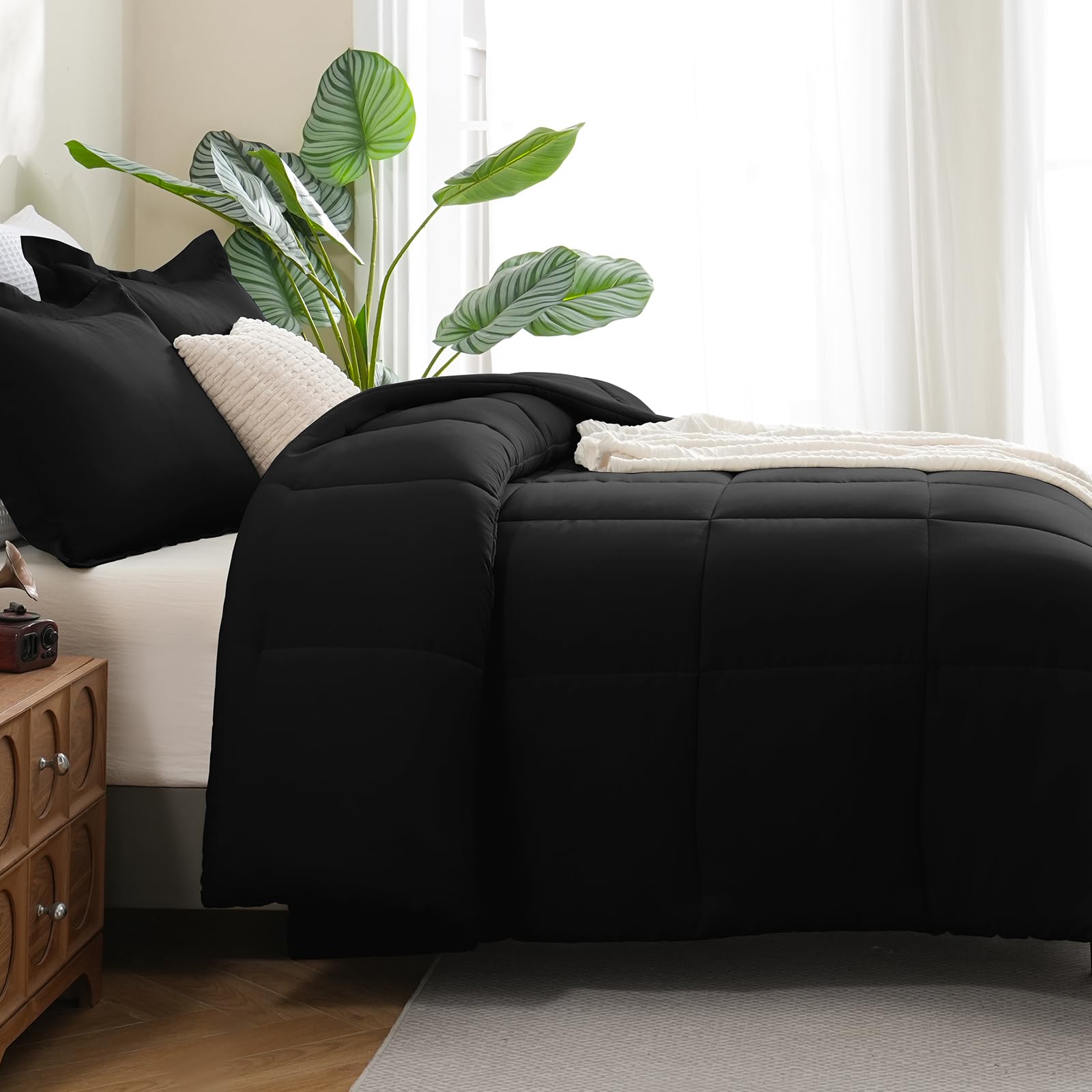 CozyLux Queen Comforter Set Black - 3 Piece Box Stitched Bedding Set, Soft All-Season Lightweight Down Alternative Comforter with 2 Pillow Shams | Perfect for Master Bedroom, Guest Room & Dorm Decor