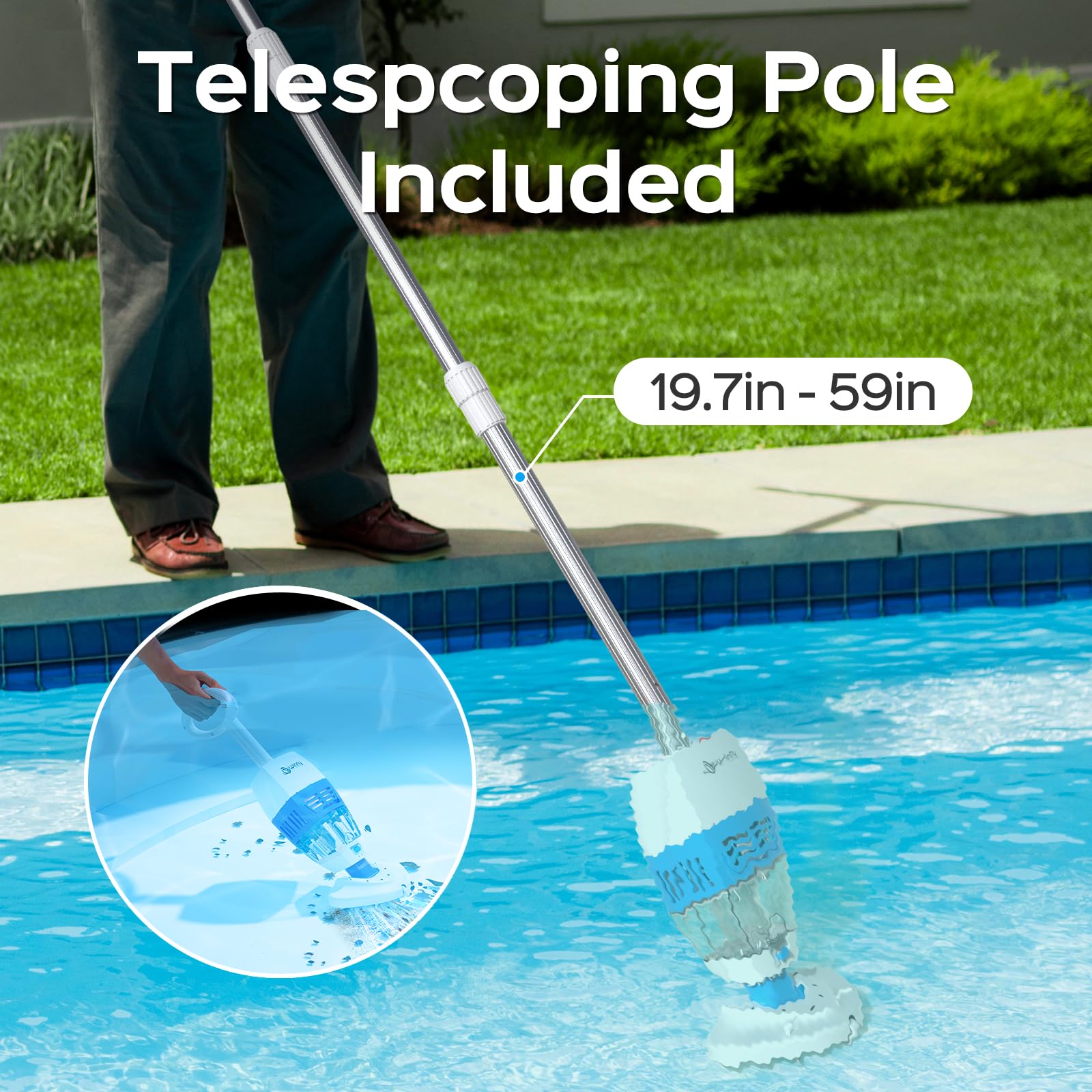 2024 Upgraded Cordless Handheld Pool Vacuum Cleaner with Telescopic Pole - 60 Mins Runtime for Deep Cleaning | Perfect for Small Inground & Above Ground Pools, Hot Tubs, Spas | Ideal for Quick Pool Maintenance & Spa Cleaning
