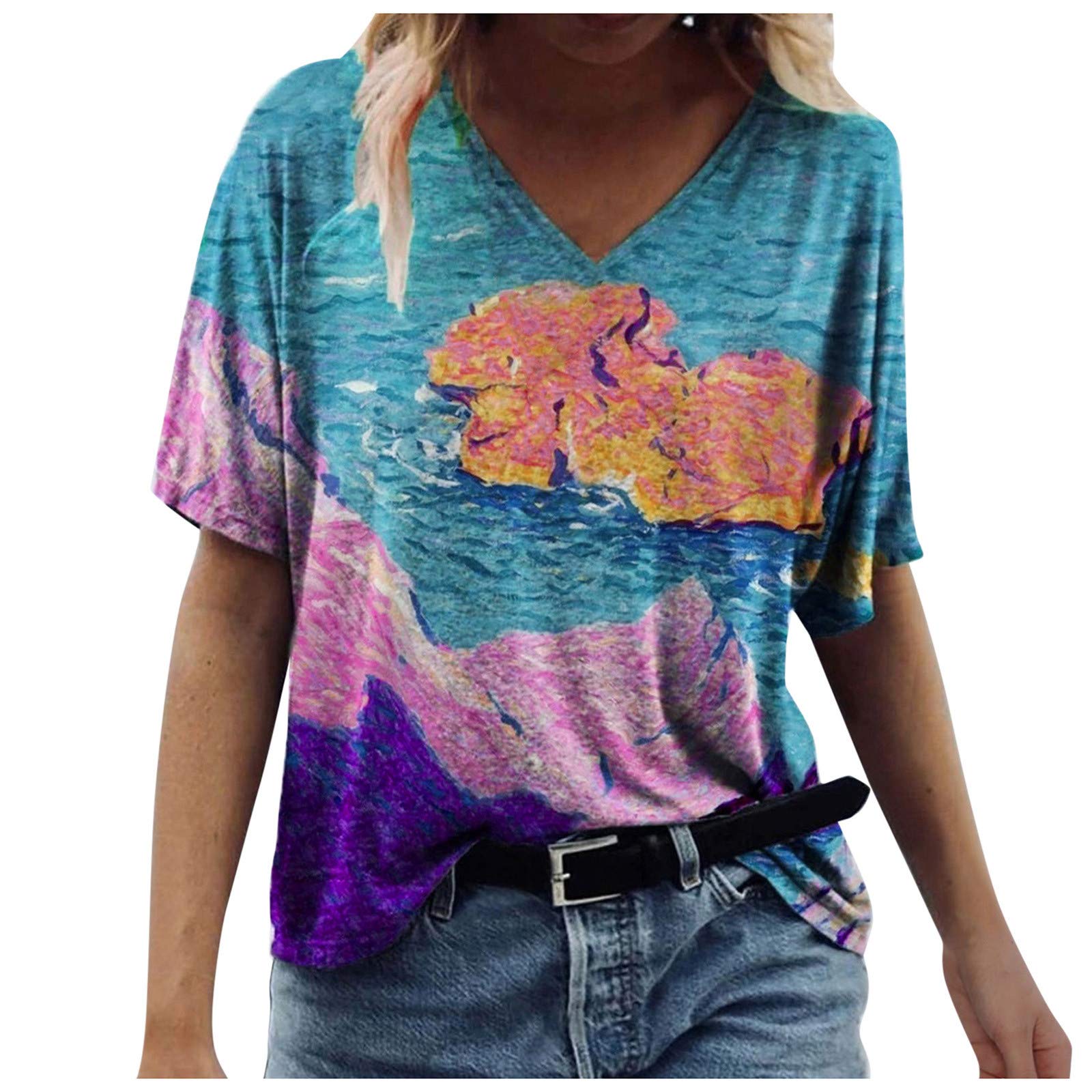 Women's Summer Floral Short Sleeve V-Neck T-Shirts - Oversized Casual Tops for Beach, Vacation & Everyday Wear