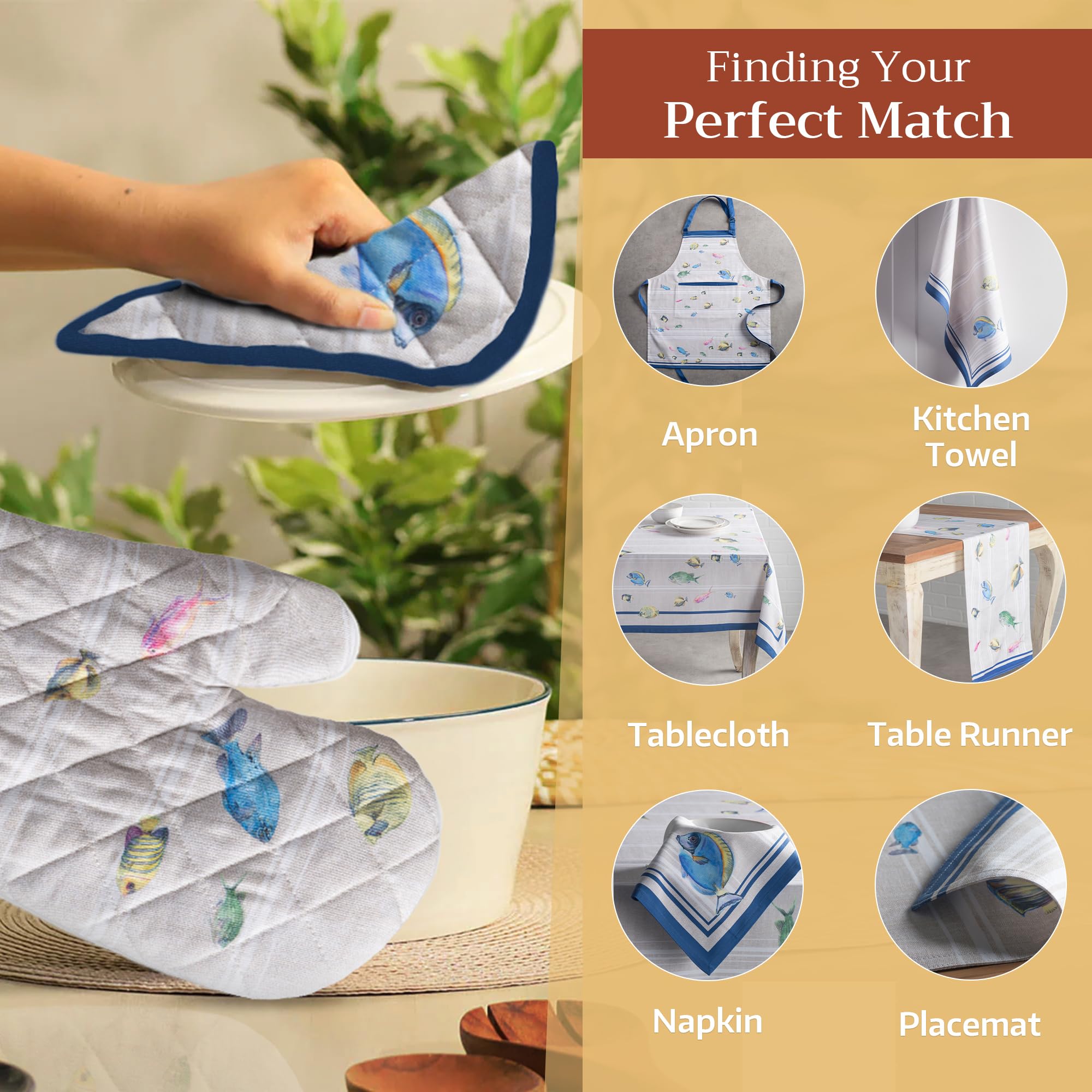 Heat Resistant 8x8 Inch Cotton Potholders - 100% Cotton Oven Mitts with Loop for BBQ, Grilling, Baking & Microwave Use - Easter & Spring Kitchen Decor (Poisson Design)