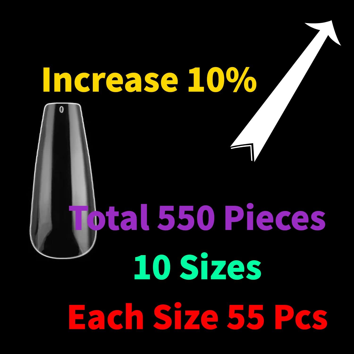 550-Piece Acrylic False Nails Kit - 10 Different Sizes Long Artificial Nails with Transparent Storage Box - Perfect for Nail Art, Salon, DIY Manicures & Special Occasions
