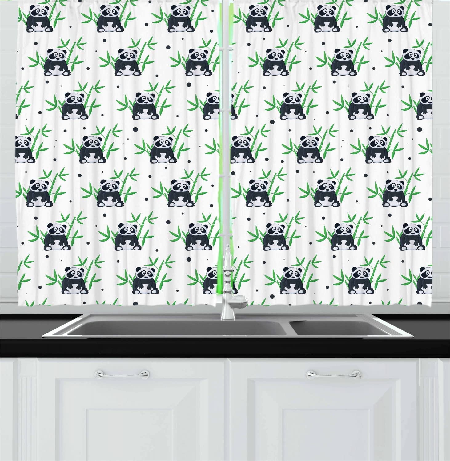 Ambesonne Panda & Tropical Leaves Kitchen Curtains - 2 Panel Set, 55