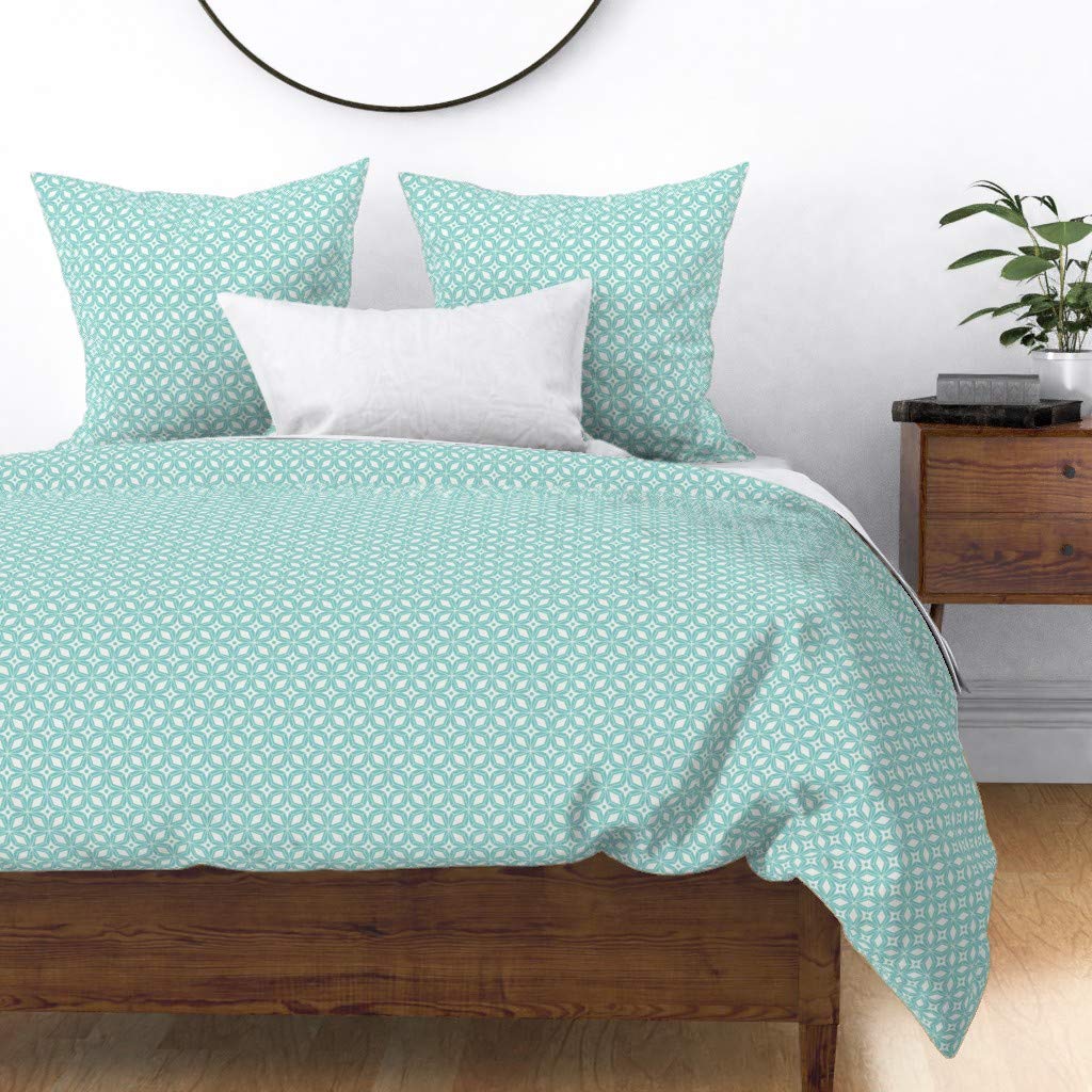 Mid Century Modern Geometric Aqua Retro Star Print Cotton Sateen Duvet Cover - King/California King Size | Custom Vintage Abstract Bedding for Bohemian & Retro Home Decor
