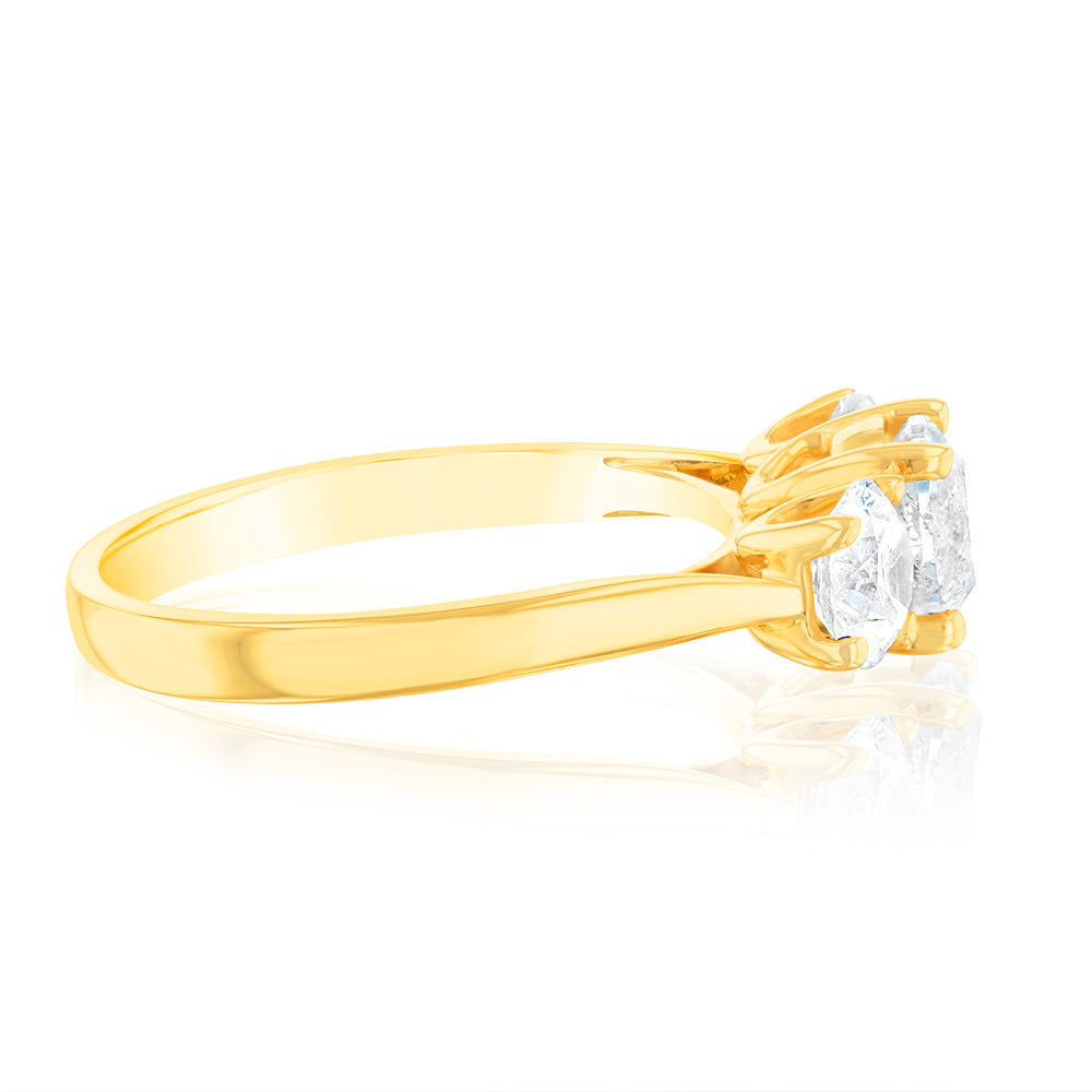 14K Yellow Gold 2 Carat Diamond Trilogy Ring with 3 Round Brilliant Cut Diamonds - Elegant Engagement, Wedding & Anniversary Jewelry Gift for Her