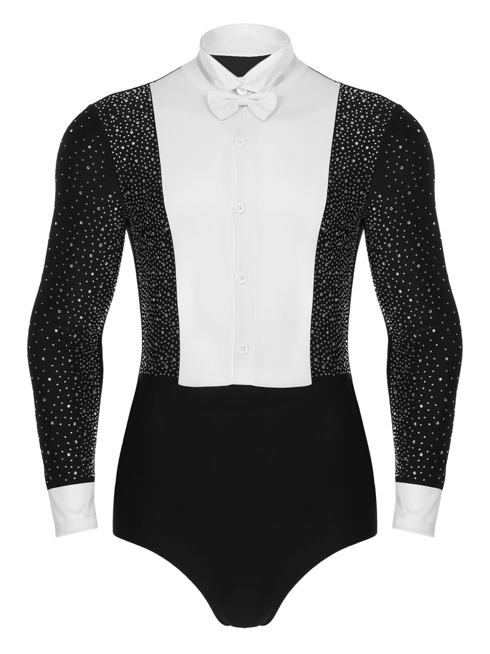 Men's Latin Dance Shirt - Salsa Rumba Tango One Piece Bodysuit with Bow Tie | Performance Costume for Ballroom, Competition & Stage Shows