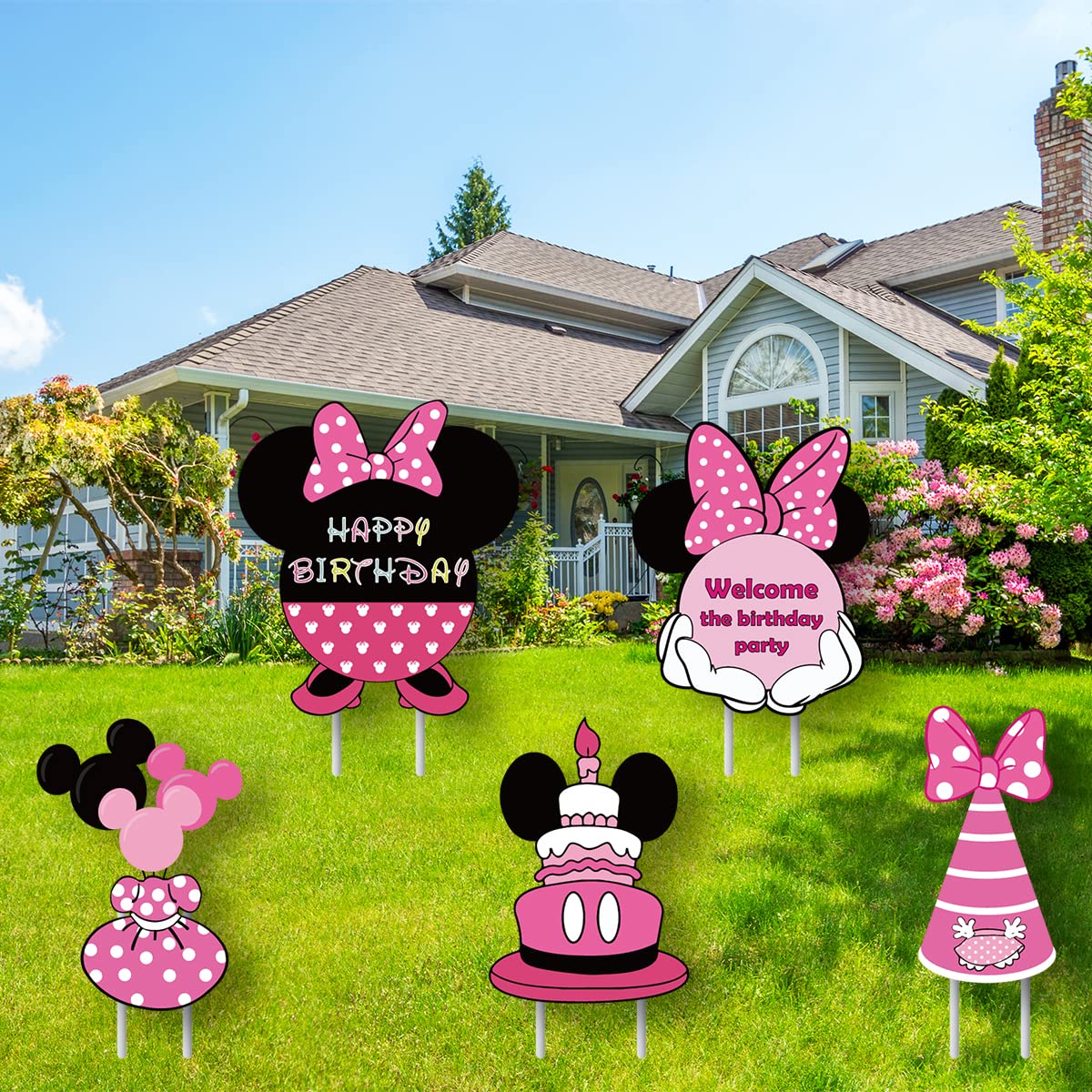 Minnie Mouse Birthday Party Decorations Set - 5PCS Cartoon Minnie Yard Lawn Signs for Girls Birthday Party | Outdoor & Indoor Party Decor, Baby Shower, Disney Theme Celebration