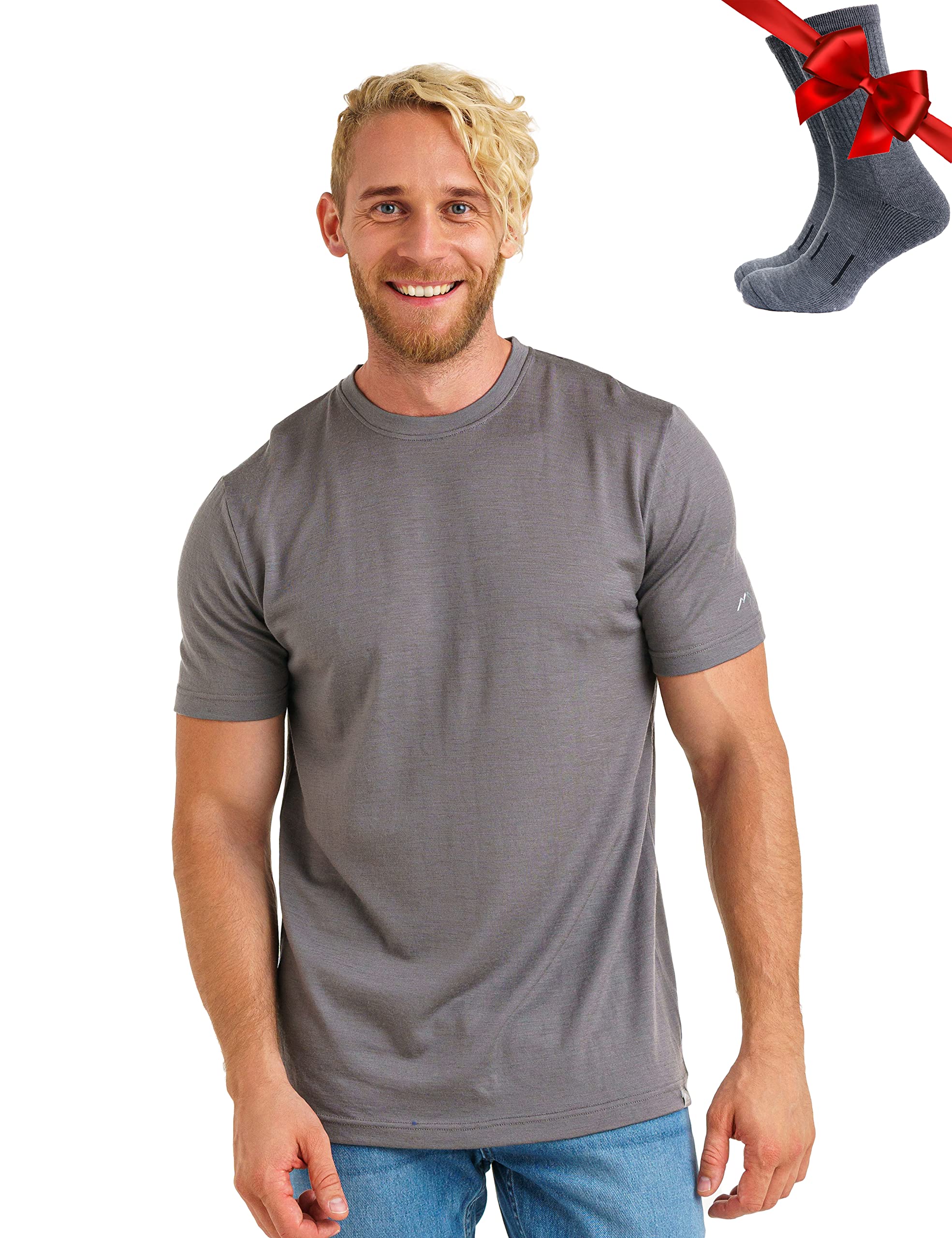 Merino.tech Men's 100% Organic Merino Wool T-Shirt - Lightweight Base Layer Undershirt & Hiking Wool Socks Combo | Perfect for Outdoor Adventures, Camping, and Cold Weather Layering