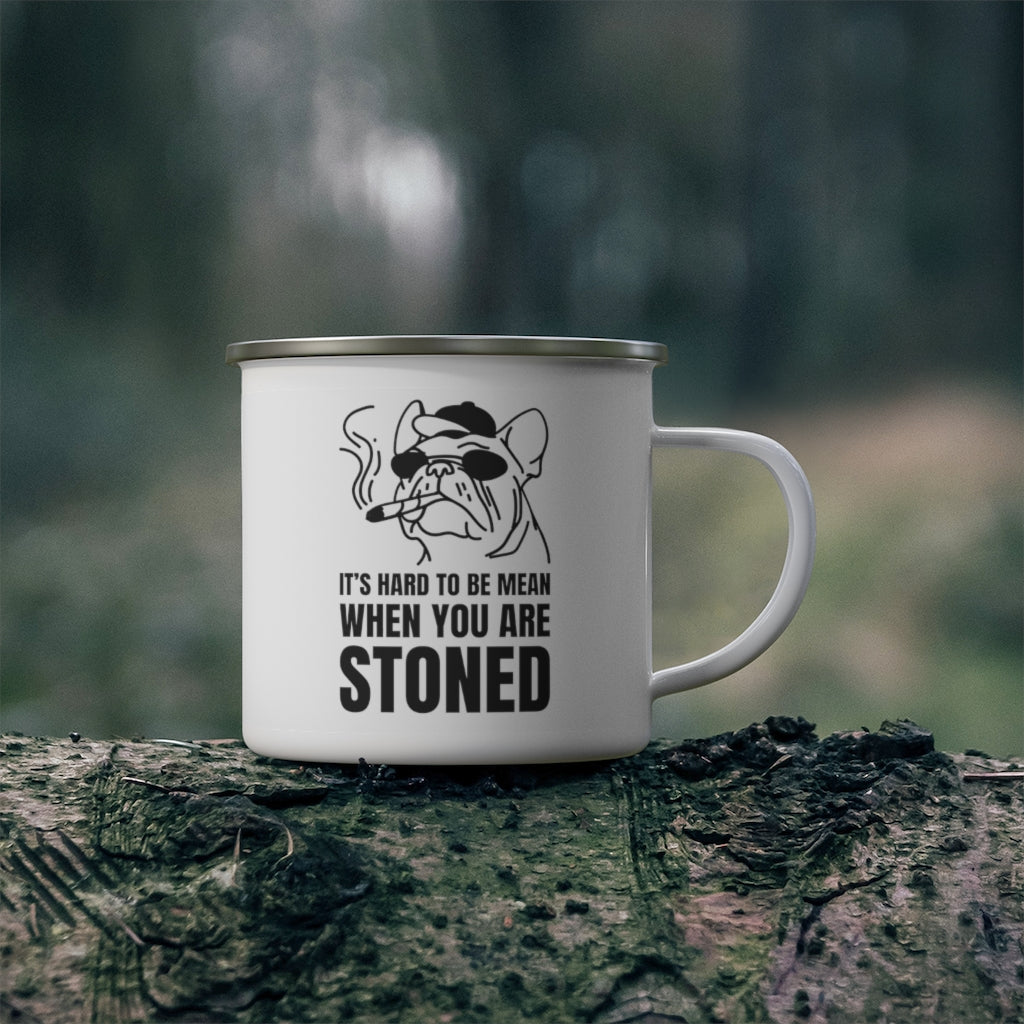 Funny Camping Mug - Insulated Enamel Travel Coffee & Tea Cup with 'It's Hard to Be Mean When You're Stoned' Design - Perfect for Outdoor Adventures, Hiking, and 420 Friendly Gifts