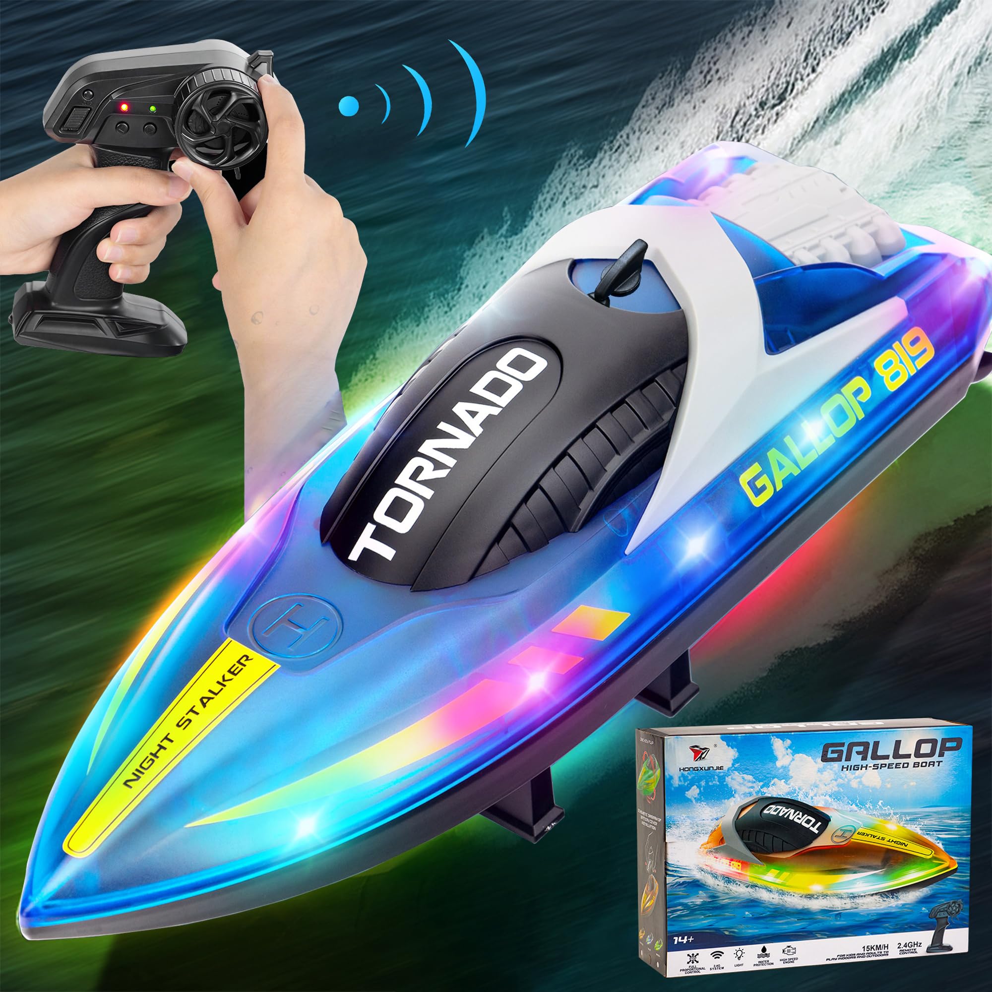 Fast 15+ MPH Remote Control Boat for Kids Ages 8-12 - 2.4G RC Electric Speed Boat with LED Lights - Pool & Lake Toy for Boys & Girls - Perfect for Outdoor Water Play, Birthday Gifts & Summer Fun