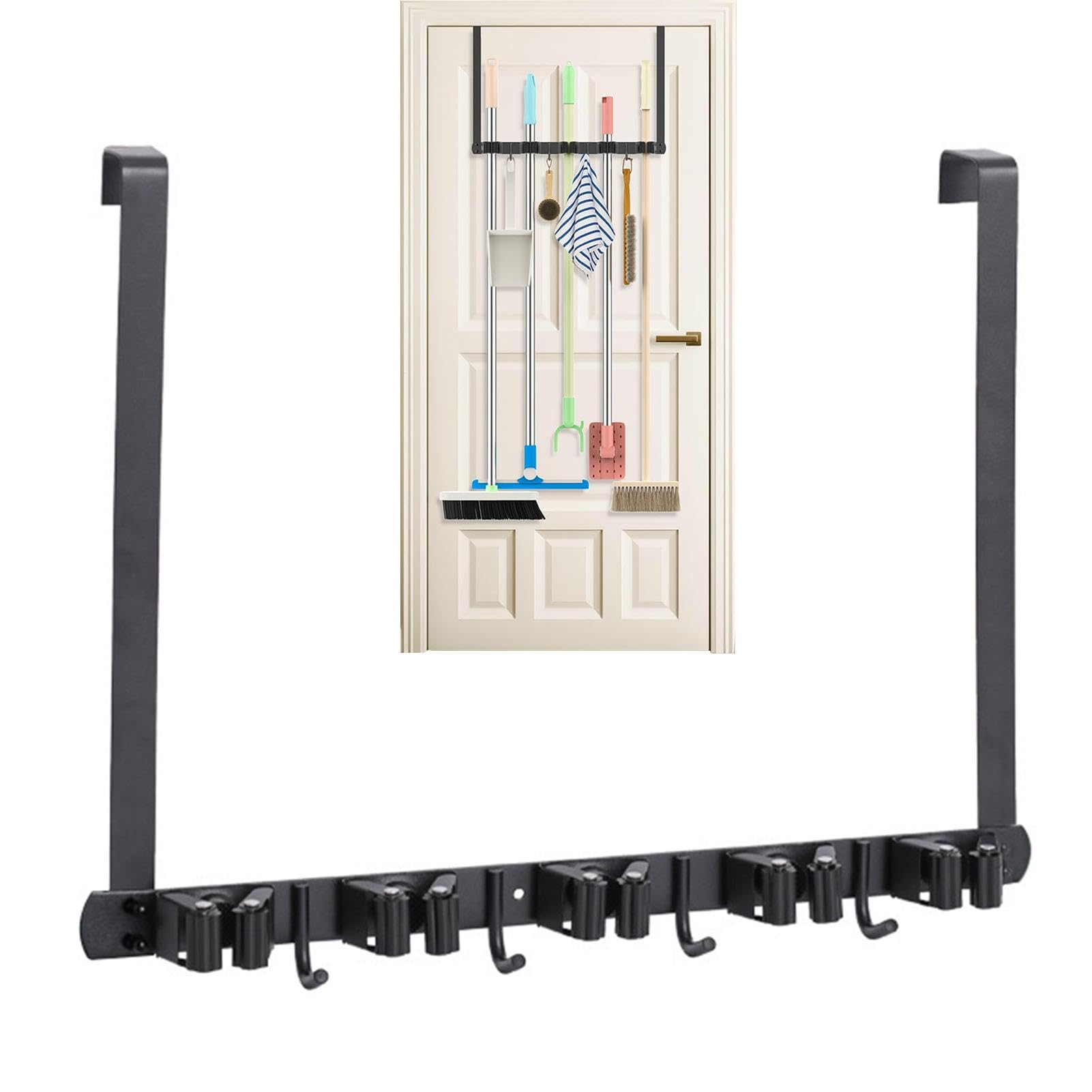 Metal Door Mount Broom Holder - Space Saving Wall Mounted Brush Organizer for Kitchen, Bathroom, Home & Office | No Drill Installation for Easy Storage of Brooms, Mops & Cleaning Tools